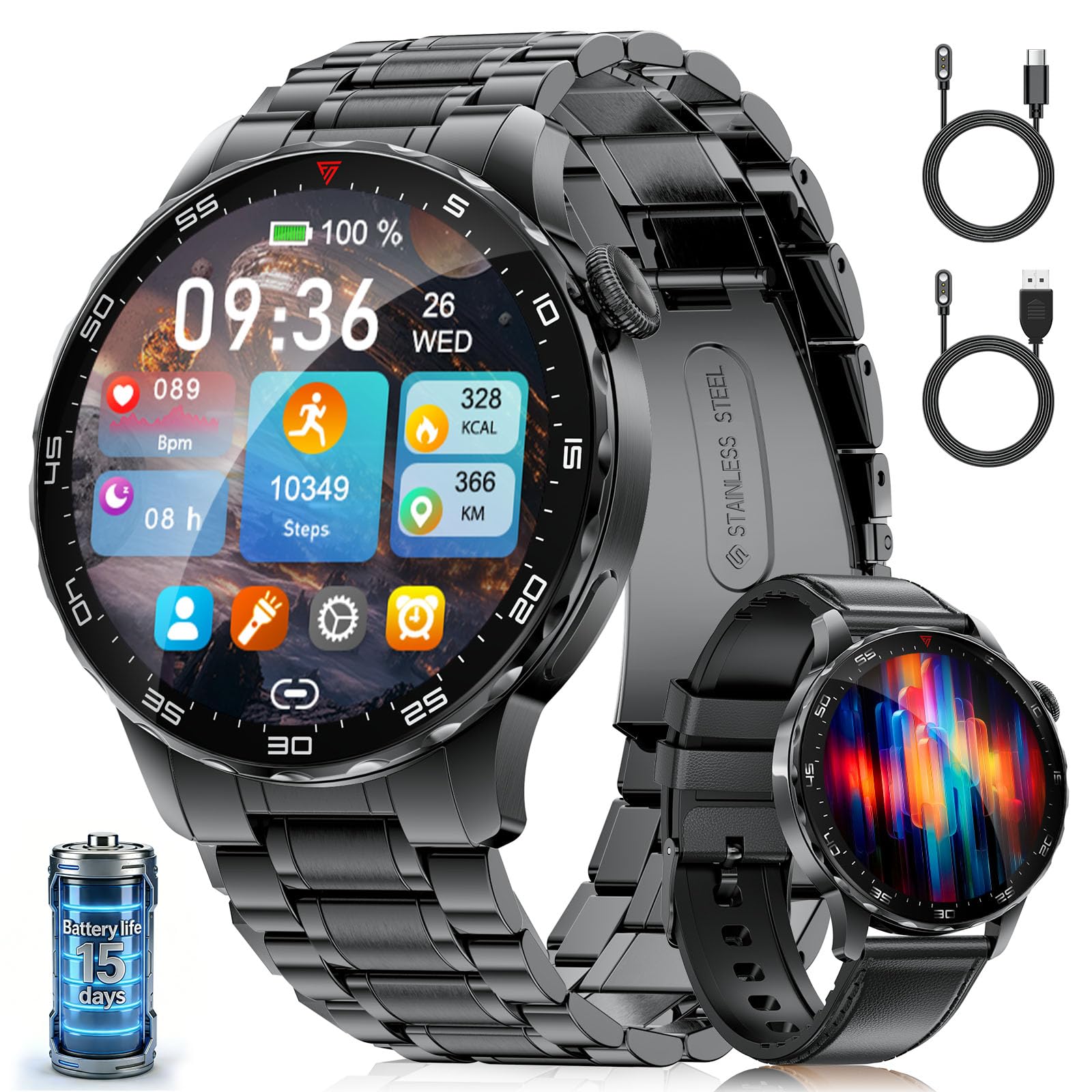 Montre Connectée Homme SML21, Écran AMOLED 1,43" HD, Appels Bluetooth, Autonomie 15 Jours, Notifications Intelligentes, Étanche, Compatible iOS et Android – Noir Profond