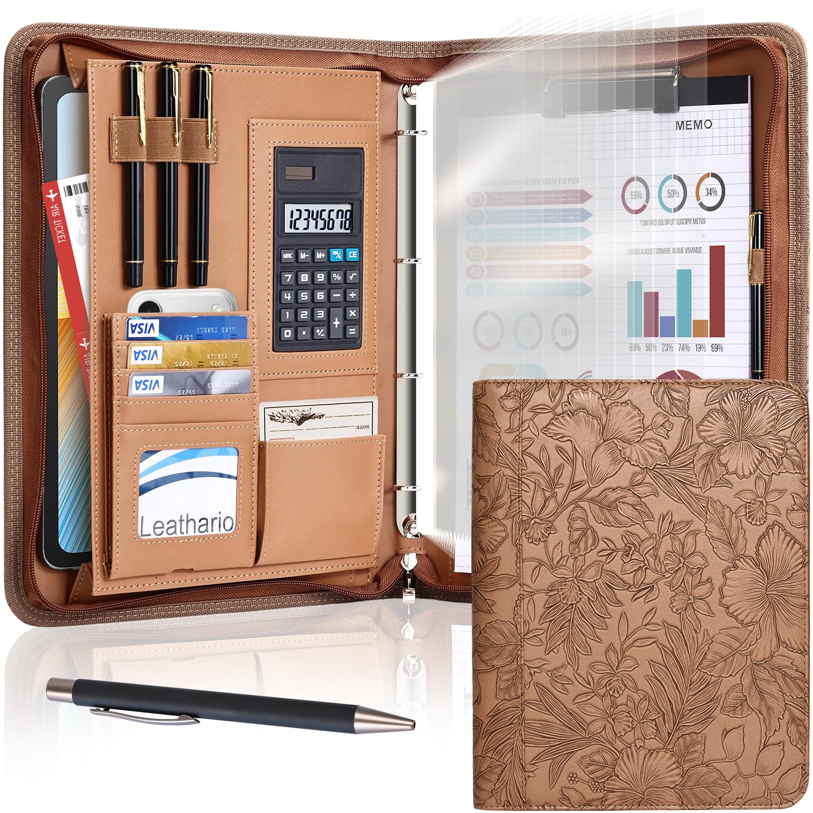 Leathario Portfolio Folder A4, Vegan Leather 4-Ring Document Folder Organiser, Includes 10 Clear Sheet Protectors and a Pen, Multi-Pocket Travel Document Holder, Office Supplies