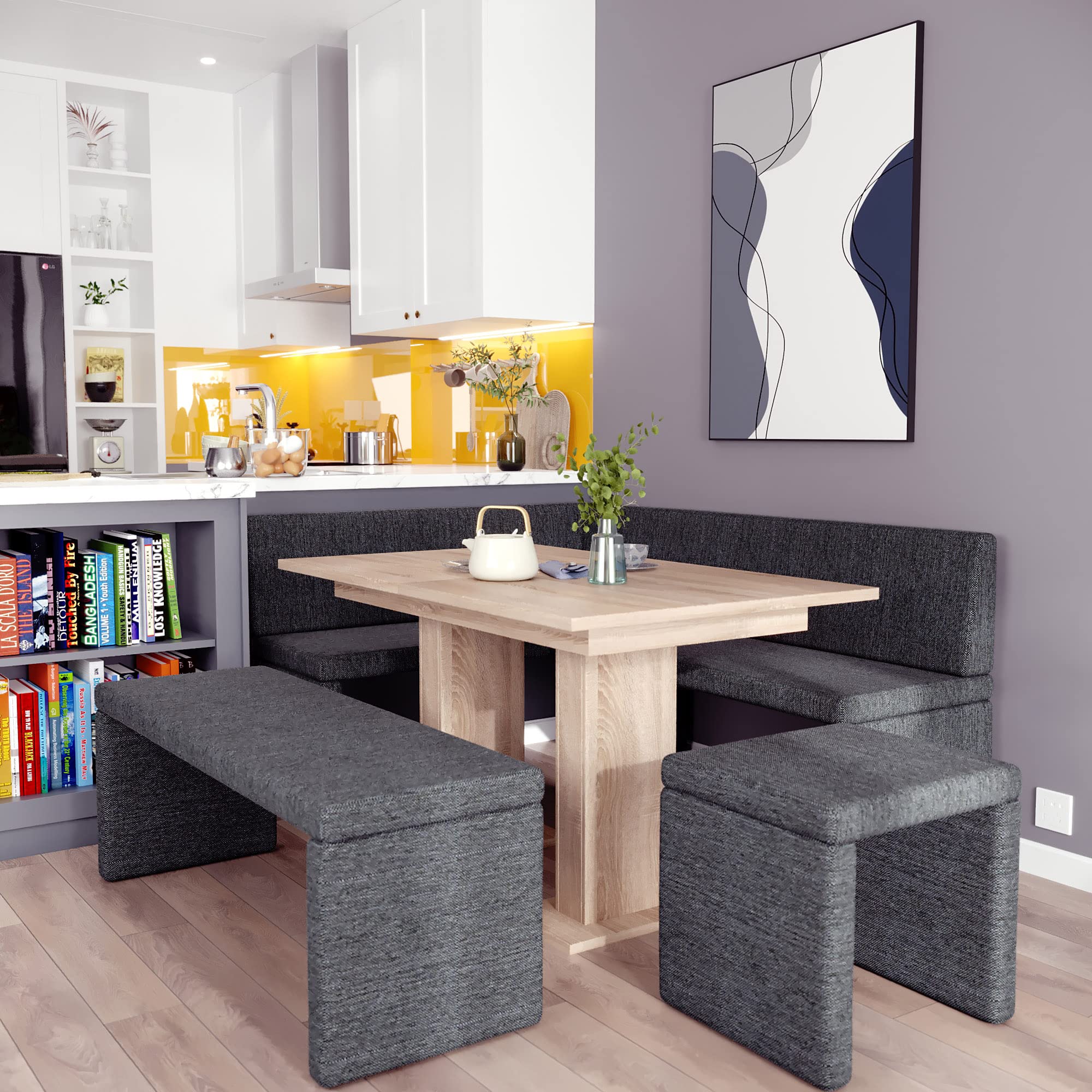 FURNISTAR Eckbank Akiko mit Tisch und Bänken - Eckbankgruppe für Ihrem Esszimmer, Küche modern, Sitzecke, Essecke. Perfekt für Küche, Büro und Rezeption. Solide Verarbeitung (INARI 96, 196x142 Links)