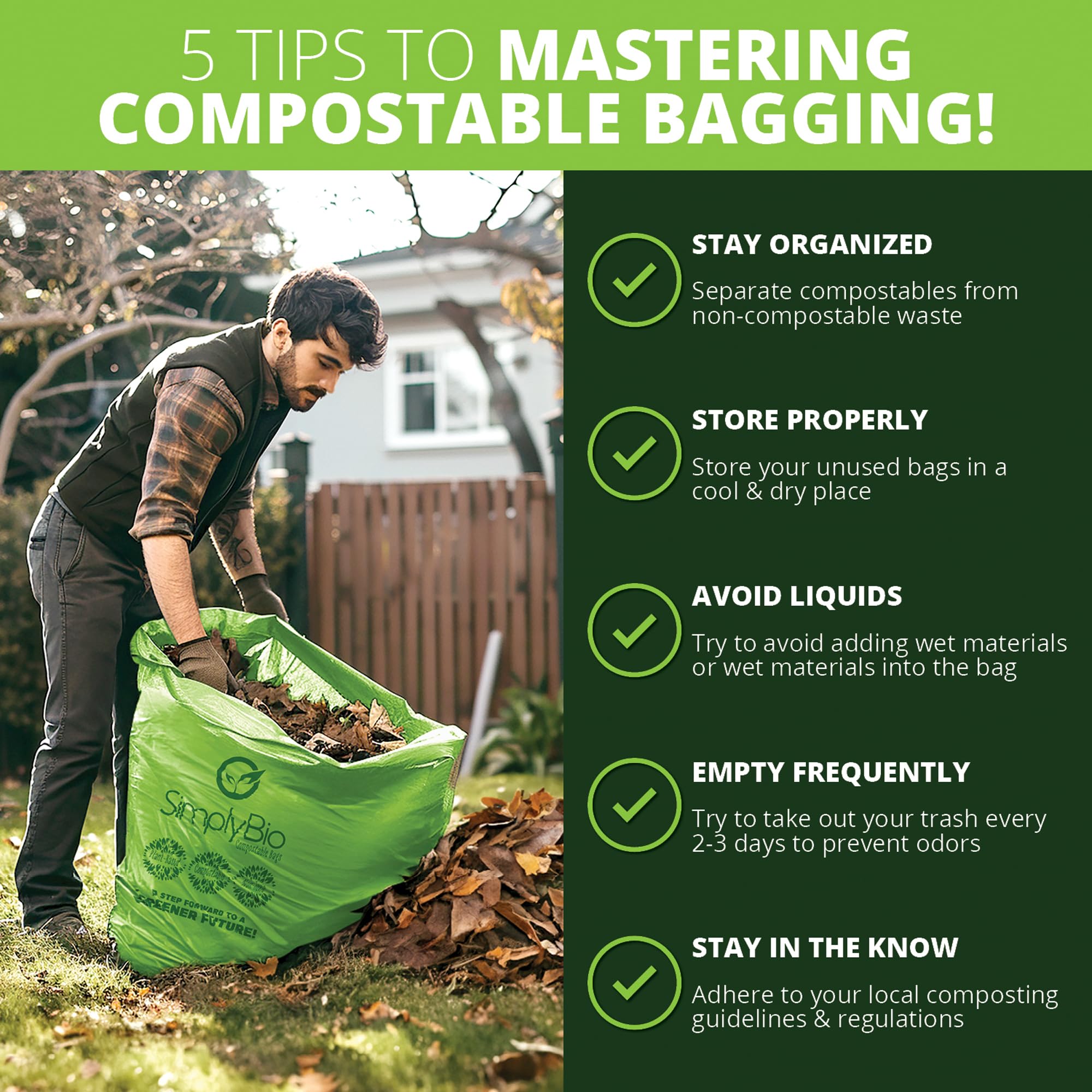 Simply Bio Bolsas de basura compostables de 31 a 35 galones, parte superior plana, resistentes, extragruesas de 1.57 mil, 132.49 litros, 100 bolsas, césped, patio y restaurante, ASTM D6400, US BPI, OK