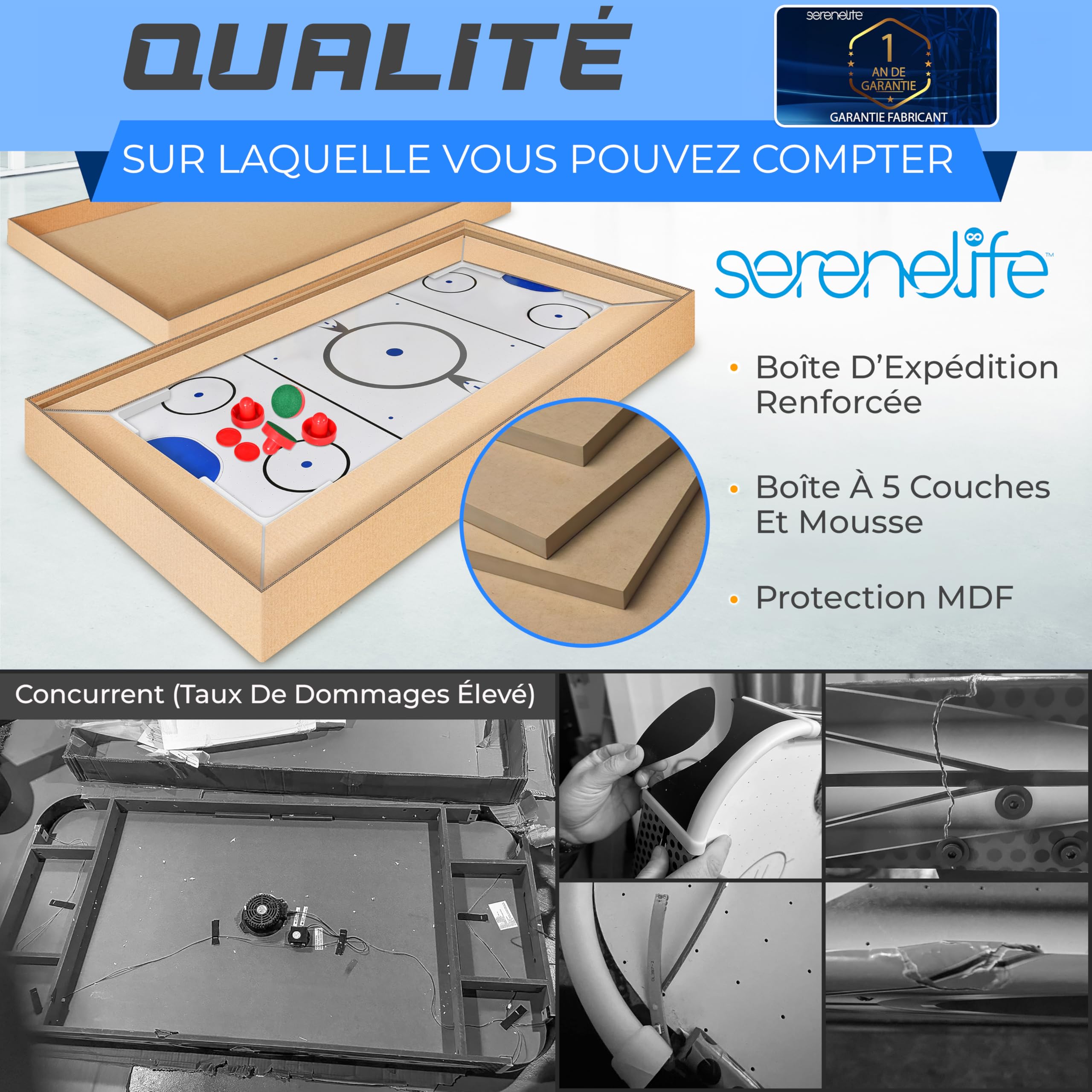 SereneLife Table de Air Hockey avec Soufflerie, Jeu de Hockey sur Table pour Enfants et Adultes avec Palets et Poignées