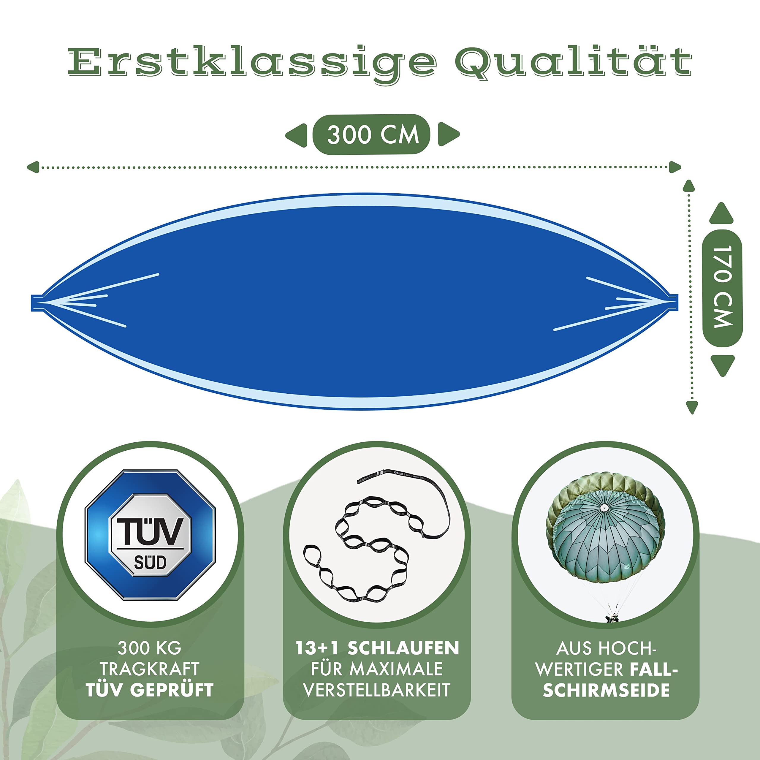 Naturbummler ® Amaca per esterni 300 x 170 cm [CO2 neutro e certificato TÜV] con tappetino protettivo per alberi – doppio strato di seta per paracadute fino a 2 persone, portata 300 kg (blu marino)