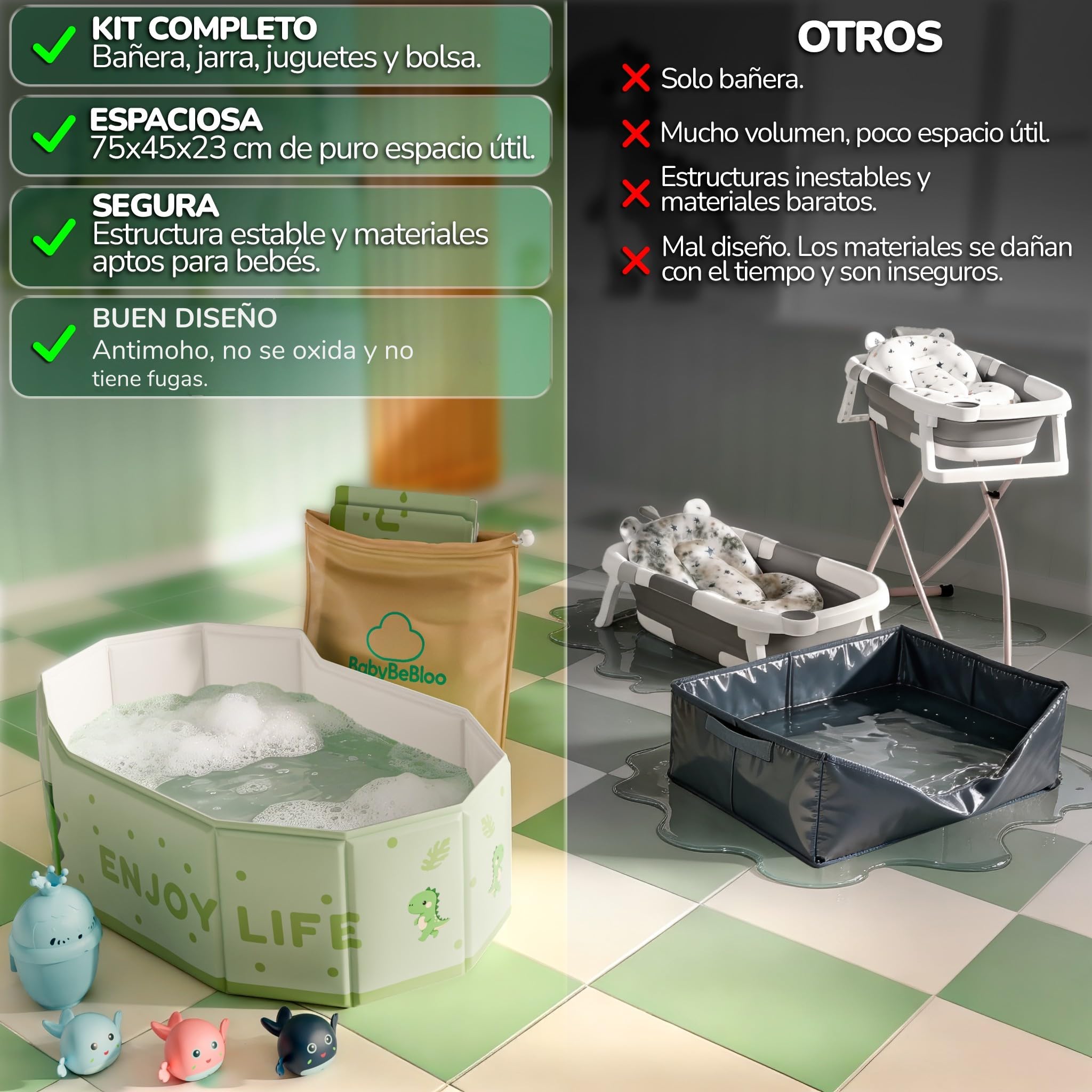 Kit Bañera Plegable Bebe - Bañera Portátil Bebé con Jarra, Bolsa y Accesorios - Bañera Bebé Grande Antideslizante - Plegable Viaje o Plato Ducha - Color Verde