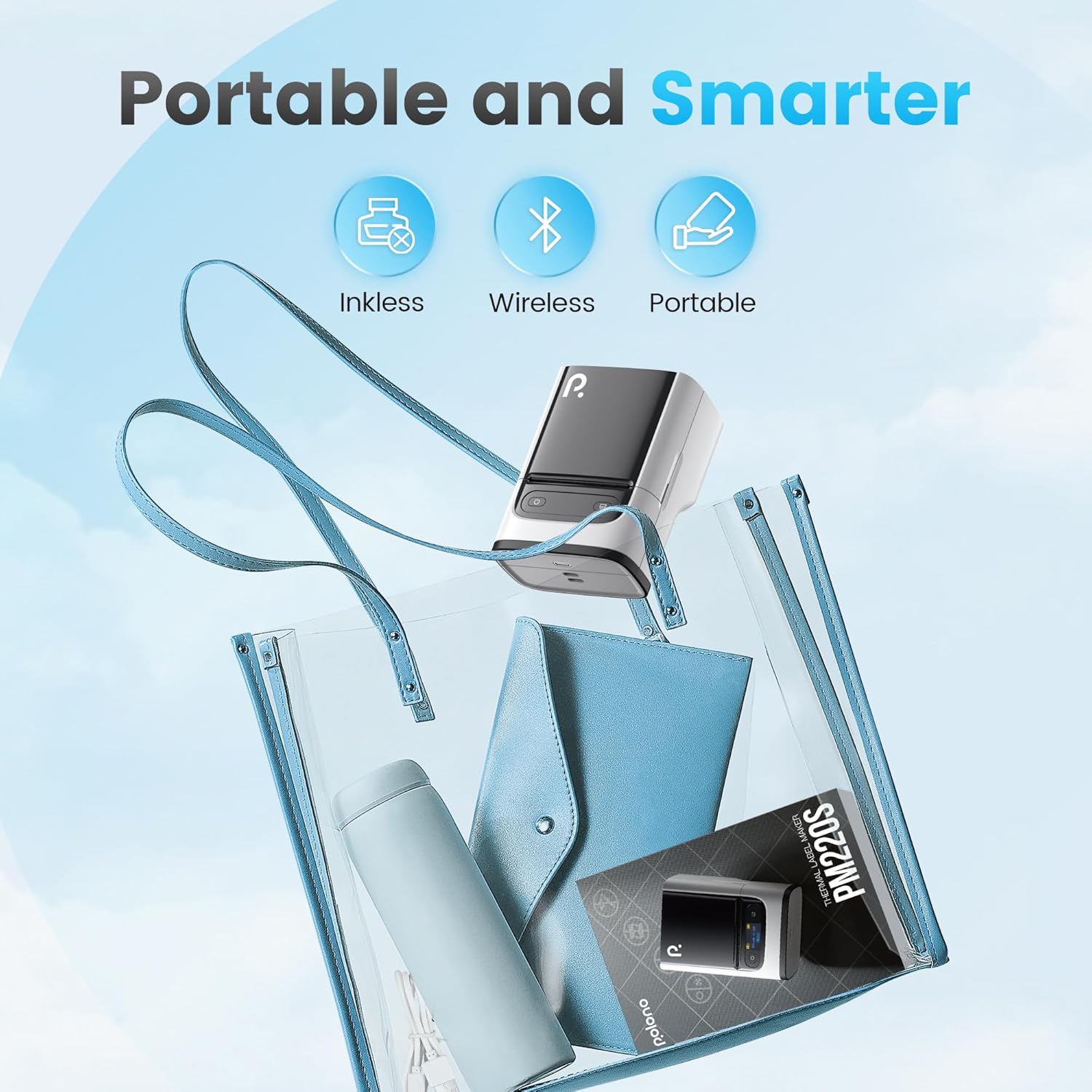 POLONO M220S Label Makers, Barcode Label Printer Bluetooth Portable Thermal Printer for Small Business, Address, Logo, Office, Mailing, Sticker Printer for Phones & PC, Light Grey, 85x65x113mm