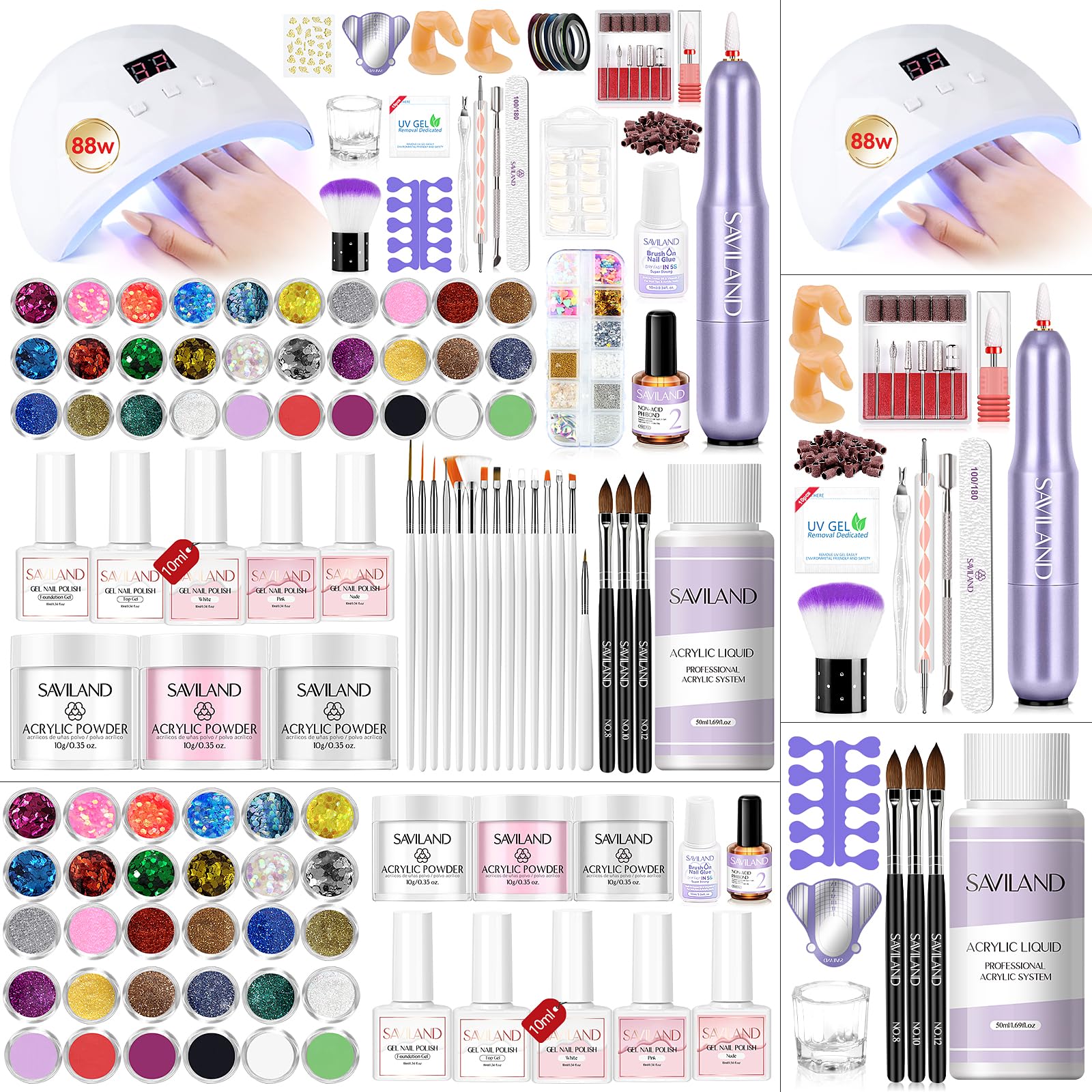 SavilandComplete Acrylic Nail Kit with Drill: Acrylic Nails Kit for Beginners with Everything 3pcs AcrylicPowder EMA Monomer Nails Drill Gel Polish U V Lamp NailArt Home DIY Skill Training