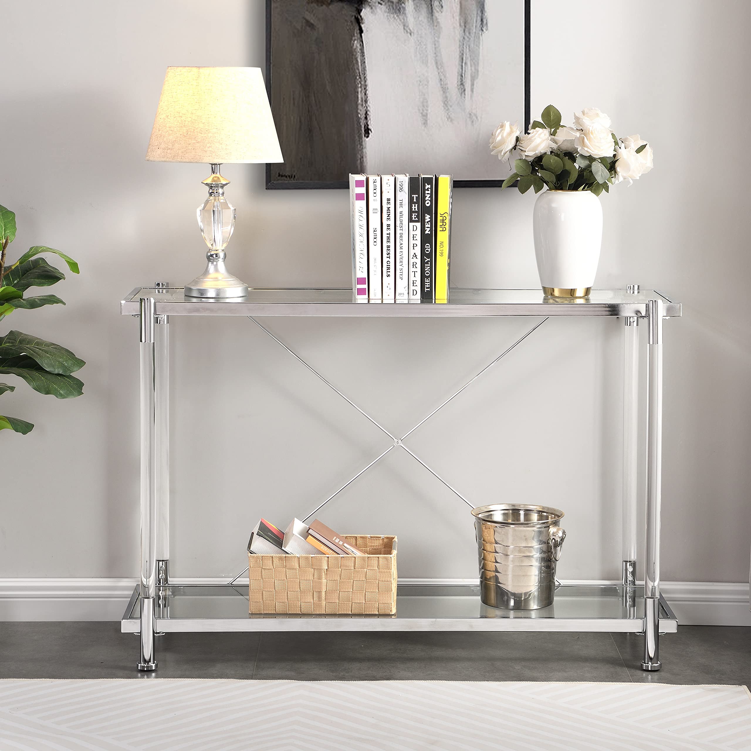 43 inch Sofa Table, Porch Table with Tempered Glass partition Acrylic Legs, Console Table with Silver Chromed Metal Frame, Living Room Hallway Table, Console Furniture