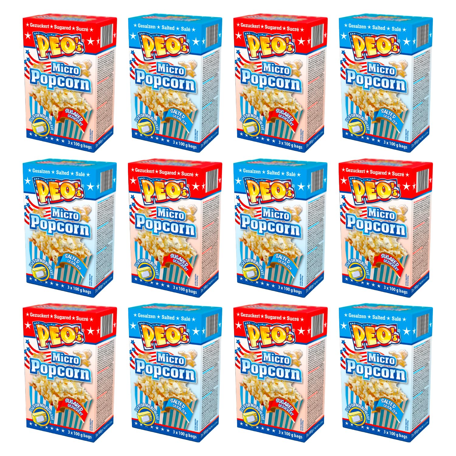 Peo's Palomitas de maíz para microondas 2 variedades mixtas en paquete de 72, 24 cajas (3 bolsas de 100 g, 12 saladas, 12 azucaradas)