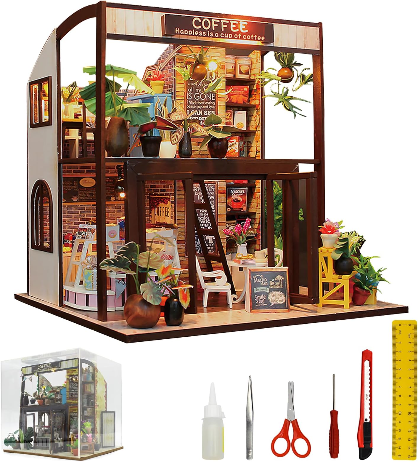 Mostop DIY Miniature House Kit, Tiny Model House Kit with Light and Dust Proof, Miniature Coffee Shop Building Kit Wooden DIY Mini Model House Kit for Adults to Build,Coffee Shop DIY Crafts Gift