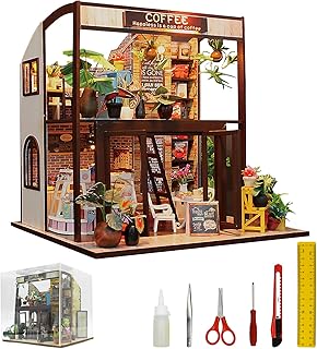 Mostop DIY Miniature Dollhouse Kit, Tiny Model House Kit with Light and Dust Proof, Miniature House Building Room Wooden DIY Mini Model House Kit for Adults to Build,Coffee Shop DIY Crafts Gift