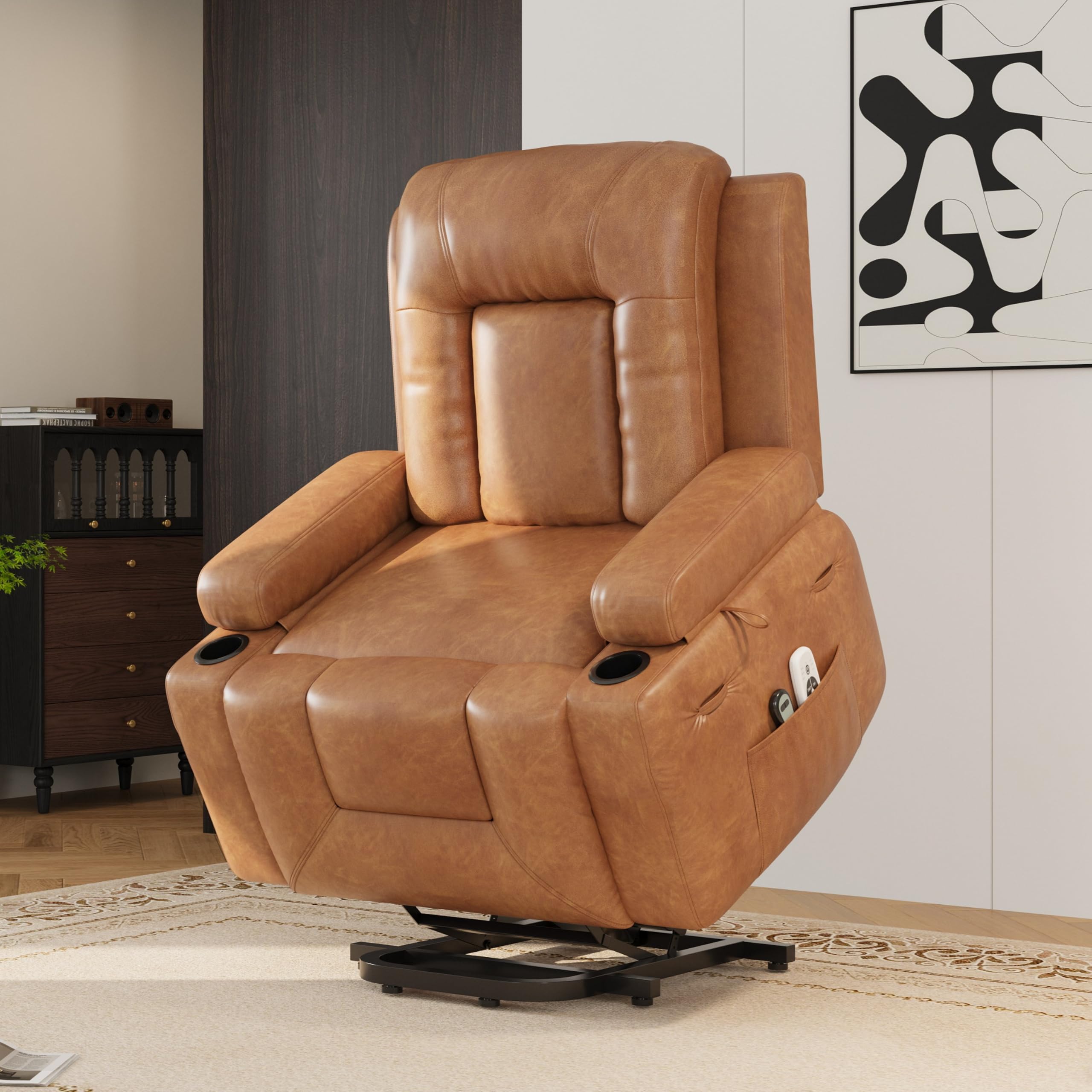 GarveeHome Power Lift Recliner Chair - Heat and Massage, PU Leather Electric Lift Recliner for Elderly &amp; Mobility Impaired, Adjustable Back and Legs, Heavy Duty Lift Chair for Seniors