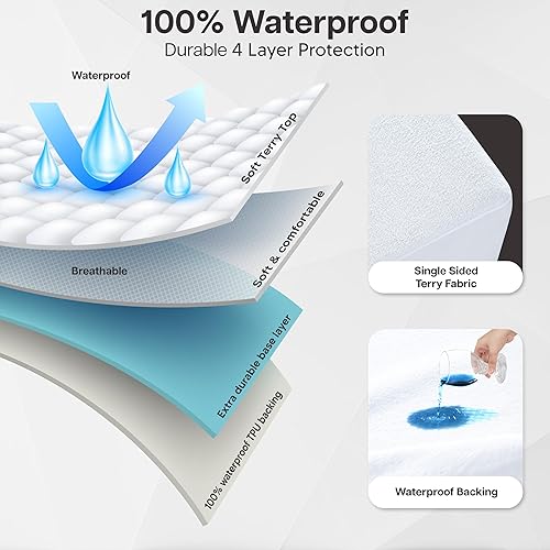 Miniatura 5 de LUX Décor - Protector de colchón de rizo completo 100 % impermeable, parte superior de tela de toalla suave, sin ruido, funda de colchón absorbente