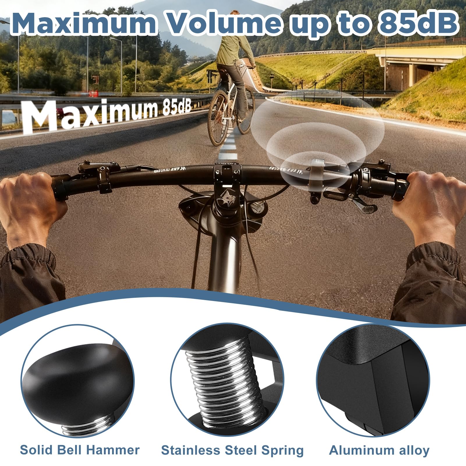 Campanello per bicicletta in alluminio nero 85 dB universale 22,2-31,8 mm