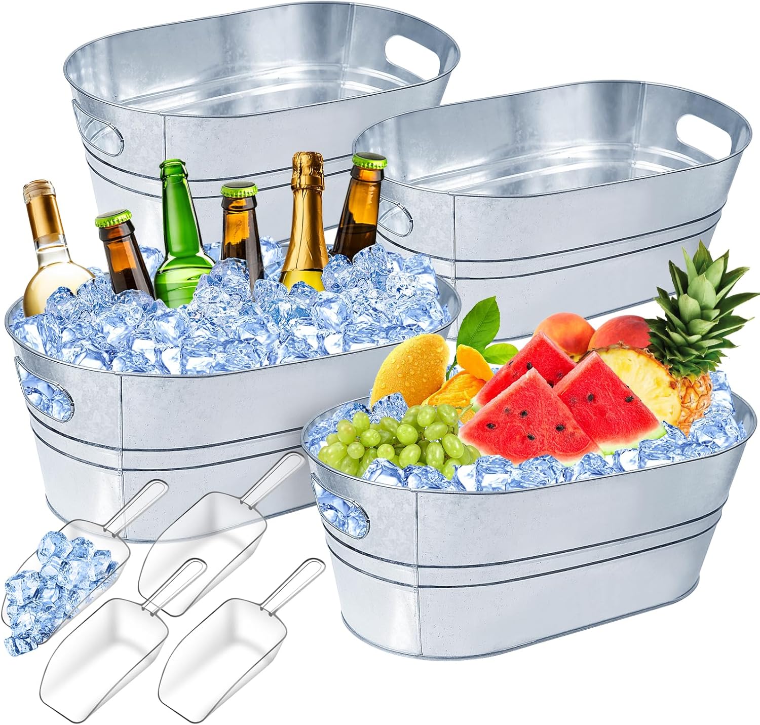 4 Gallon Ice Buckets for Parties, IKAYAS Galvanized Metal Ice Bucket Ice Tub with Scoop for Cocktail Bar Mimosa Bar Supplies, Large Champagne Bucket Beer bucket Metal Tub (4 Pack) Galvanized 4 Pack