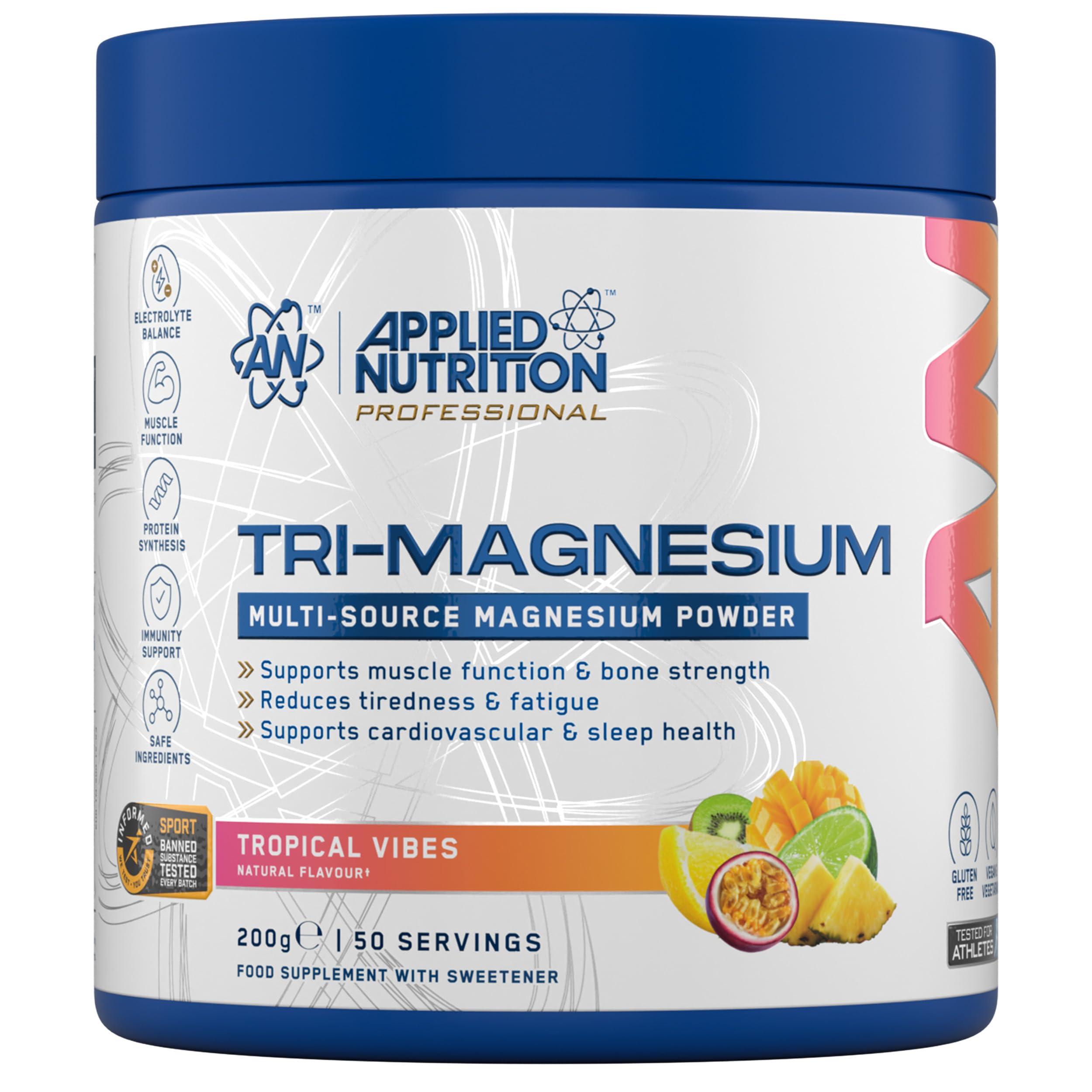 Applied Nutrition Tri-Magnesium Powder 3 in 1 - Magnesium Glycinate Supplements for Bone, Muscle, Nervous System Sleep Health - 300 mg per Serving (200g - 50 Servings) (Tropical Vibes)