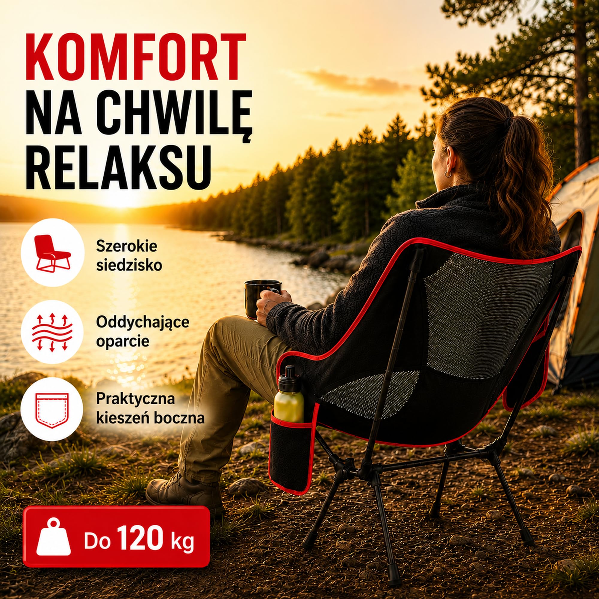 Składane Krzesło Kempingowe Lekkie 1,59 kg, Przenośny Moon Chair 900D z Torbą i Kieszenią Boczną, na Plażę Wędkowanie Piknik Ogród do 120 kg