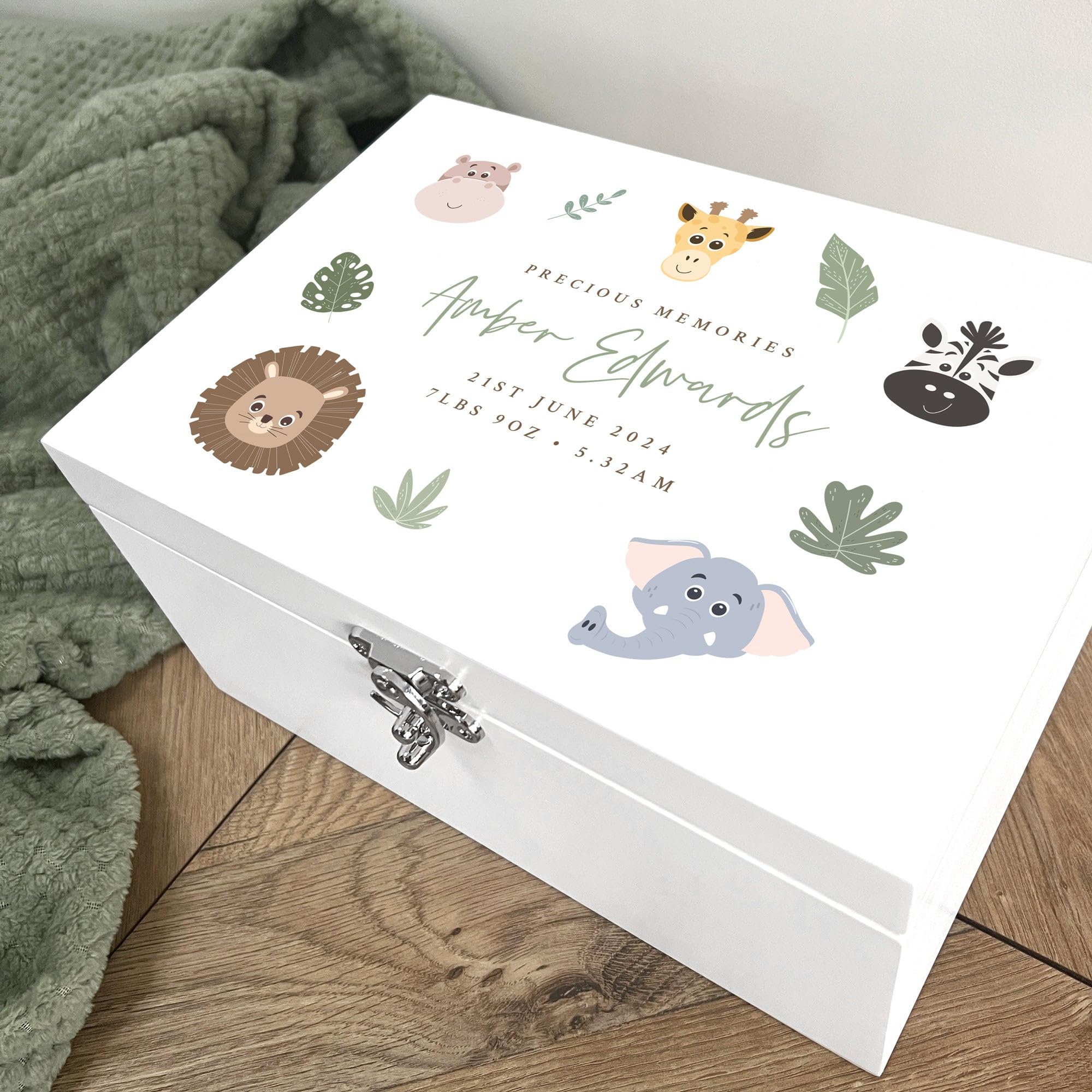 Caja de recuerdos personalizada de madera blanca con animales de la selva | Baby Shower, nuevo bebé | 27 x 19 x 14 cm