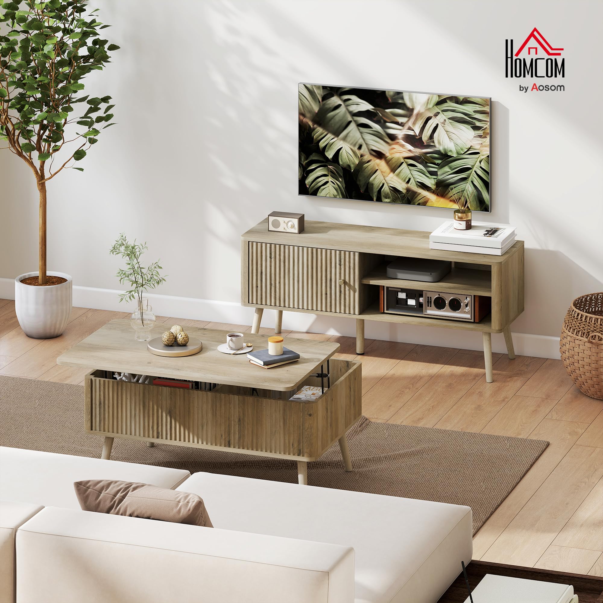 HOMCOM Mesa de Centro Elevable, Mesa de Café para Salón, Comedor, con Compartimentos Ocultos de Almacenaje y Patas de Pino, 91x56-80,5x43-57,5 cm, Roble