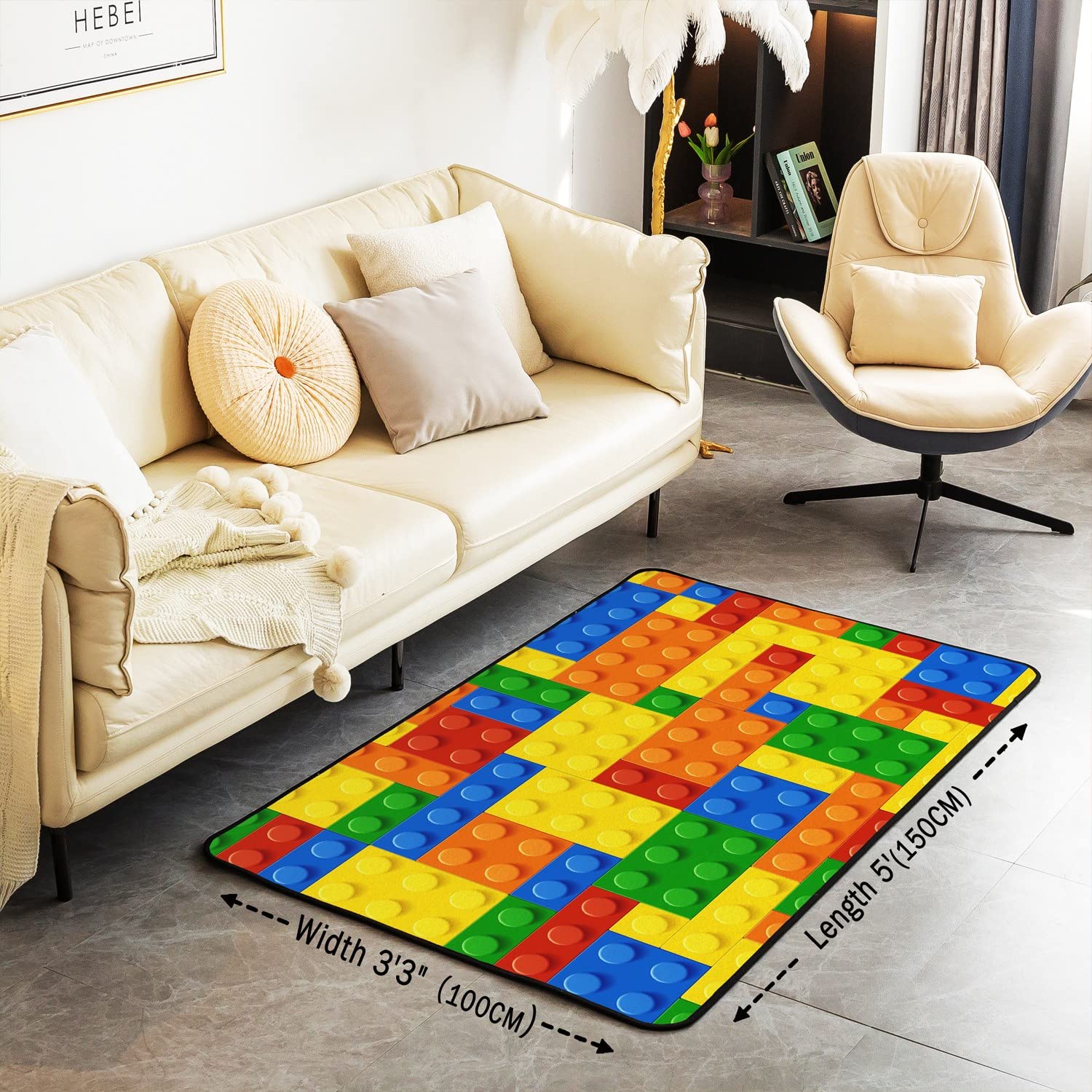 Tappeto con blocchi di costruzione, tappeto per bambini, ragazzi e ragazze, motivo geometrico colorato, per soggiorno, camera da letto, cucina, 100 x 150 cm
