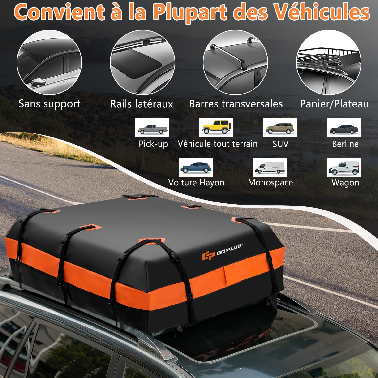GOPLUS Sac de Toit de Voiture de 21 Pieds Cubes, Sac de Transport Étanche sur Le Toit avec 10 Sangles Renforcées, 6 Crochets de Porte, Tapis Antidérapant et Sac de Rangement, pour Tous Les véhicules