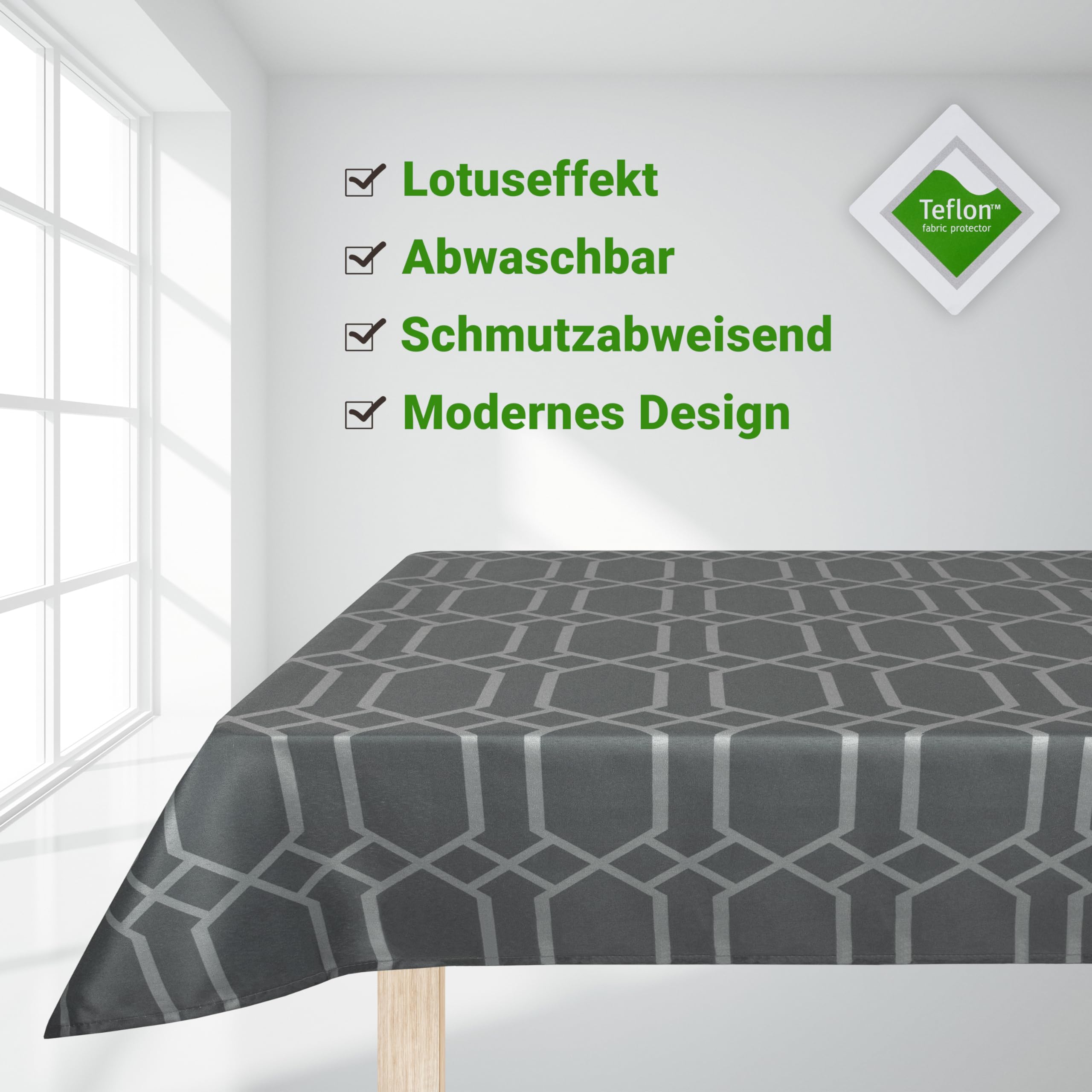 Valia Home® tablecloth with Teflon coating for indoor & outdoor use in 3 designs, Grey, 140 x 280 cm - Image 2