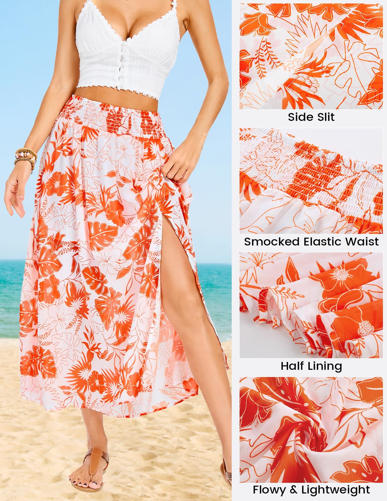 Kate Kasin Jupes pour femmes - Jupe maxi smockée taille haute - Motif floral bohème - Jupe de plage trapèze avec fente 2025