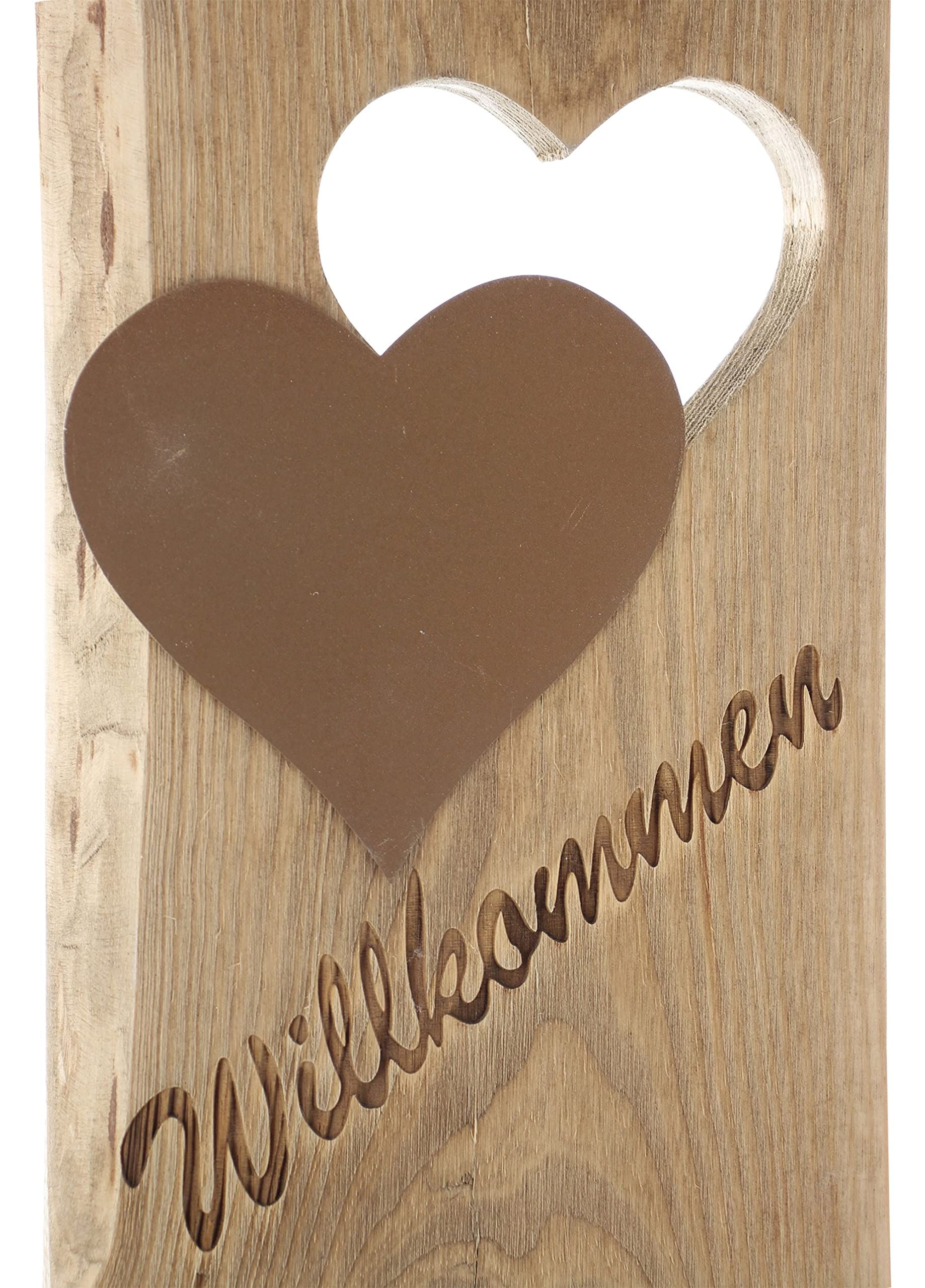 FRANK FLECHTWAREN Holzdeko, Willkomensschild, Dekosäule Willkommen, Holz in natürlichem Braunton, dekorative Metallherzen, Moderne Rostoptik, stabile Ausführung, Maße: Höhe 80 cm