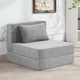 WUTUTUEE Folding Sofa Bed Convertible Floor Couch Foldable Chair Bed with Pillow,Linen Sleeper Chair Futon,Foldable Memory...