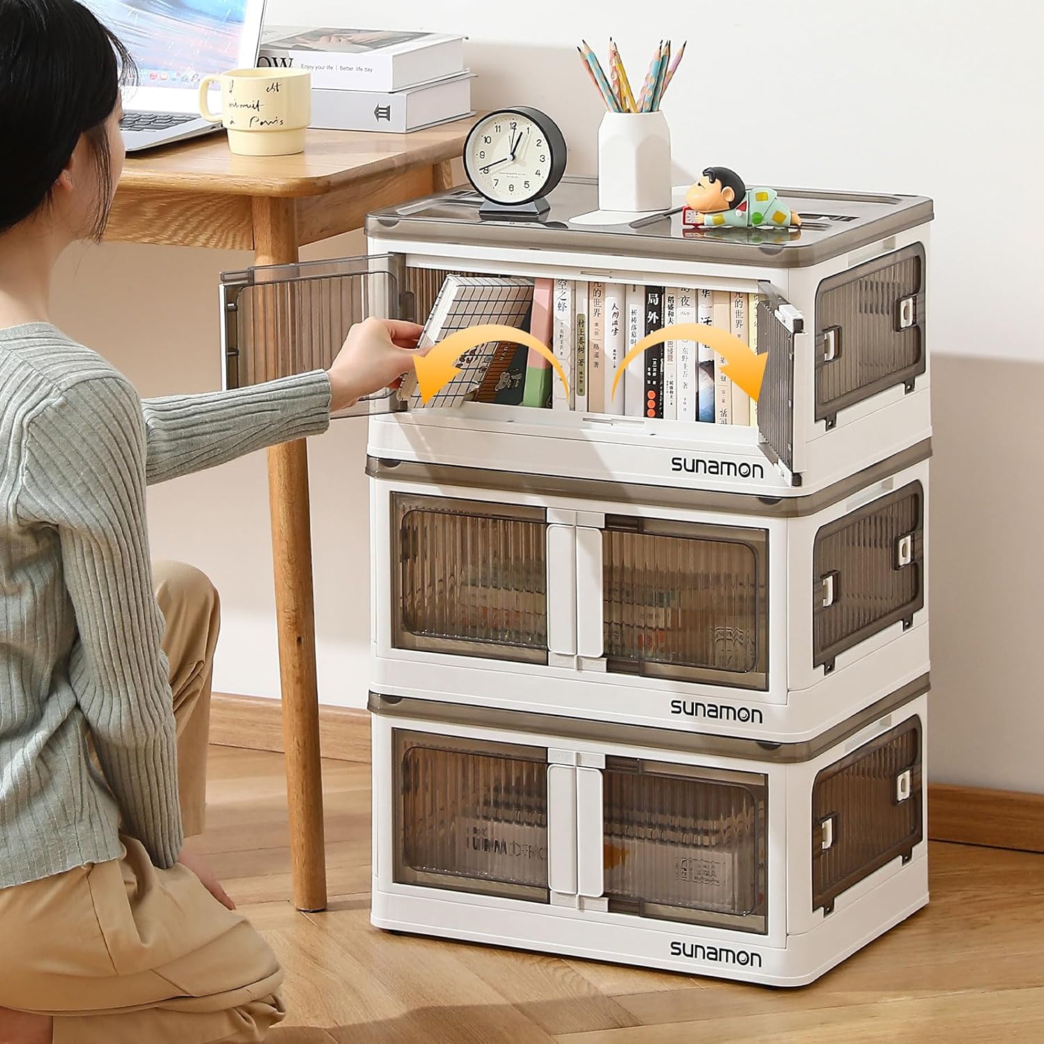 Storage Bins with Lids, Plastic Storage Bins with 5 Doors, 27Gal Closet Organizers and Storage Stackable Storage Bins Open Front Folding Storage Containers Bins, 3 Pack 3PACK-27Gal