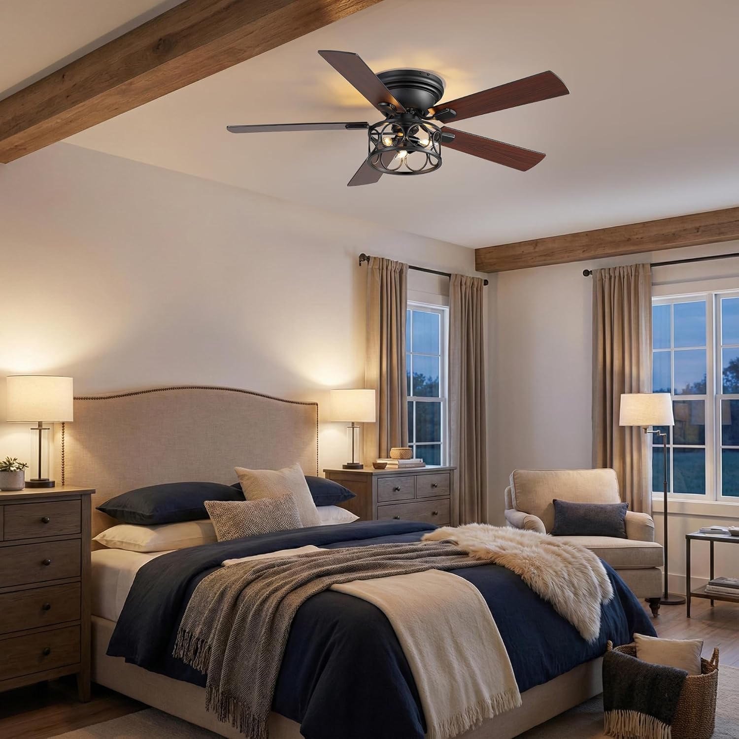 52 Inch Farmhouse Ceiling Fans with Lights and Remote, Black Ceiling Fan with Dual Finish Blades, 6 Speed Reversible DC Motor, Flush Mount Rustic Ceiling Fan for Living Rooms, Dining Room, Bedroom