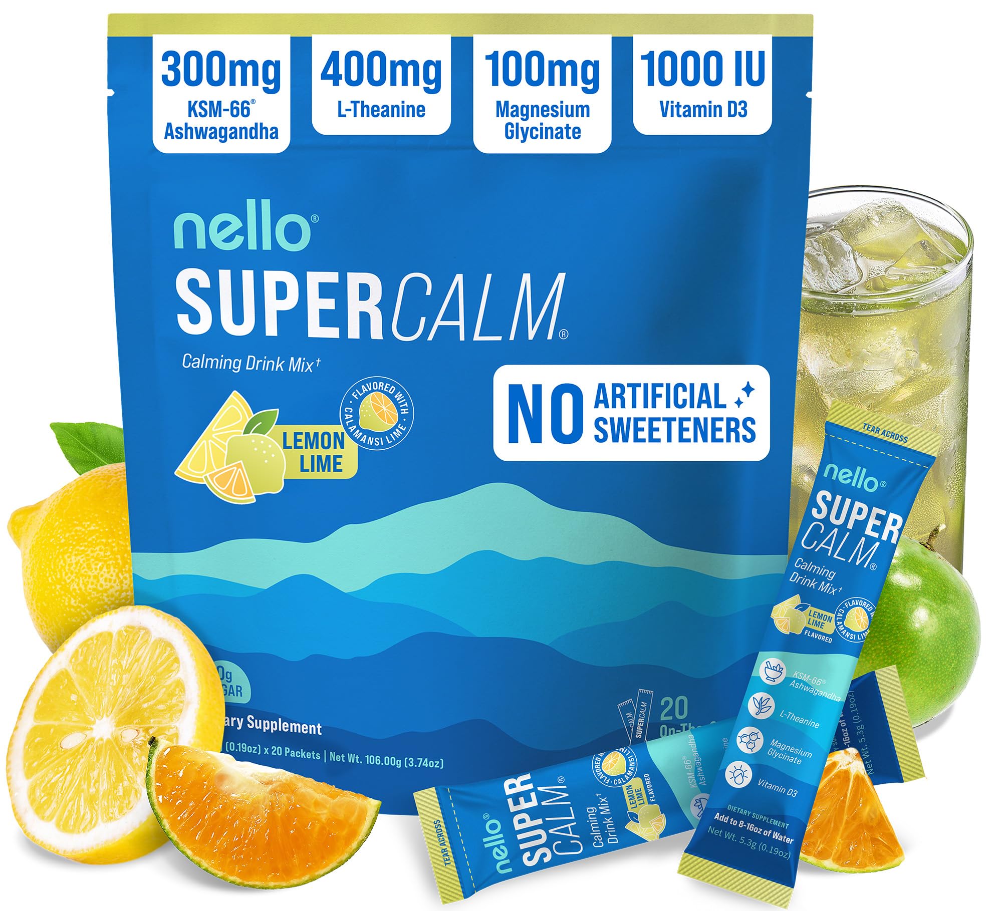 Nello Supercalm Powdered Drink Mix, Cortisol Reducer* and Sleep Aid Supplement, L Theanine, Ksm-66 Ashwagandha, Magnesium Glycinate, Vitamin D 3, No Sugar, Non GMO, On The Go, 20 Ct, Lemon Lime