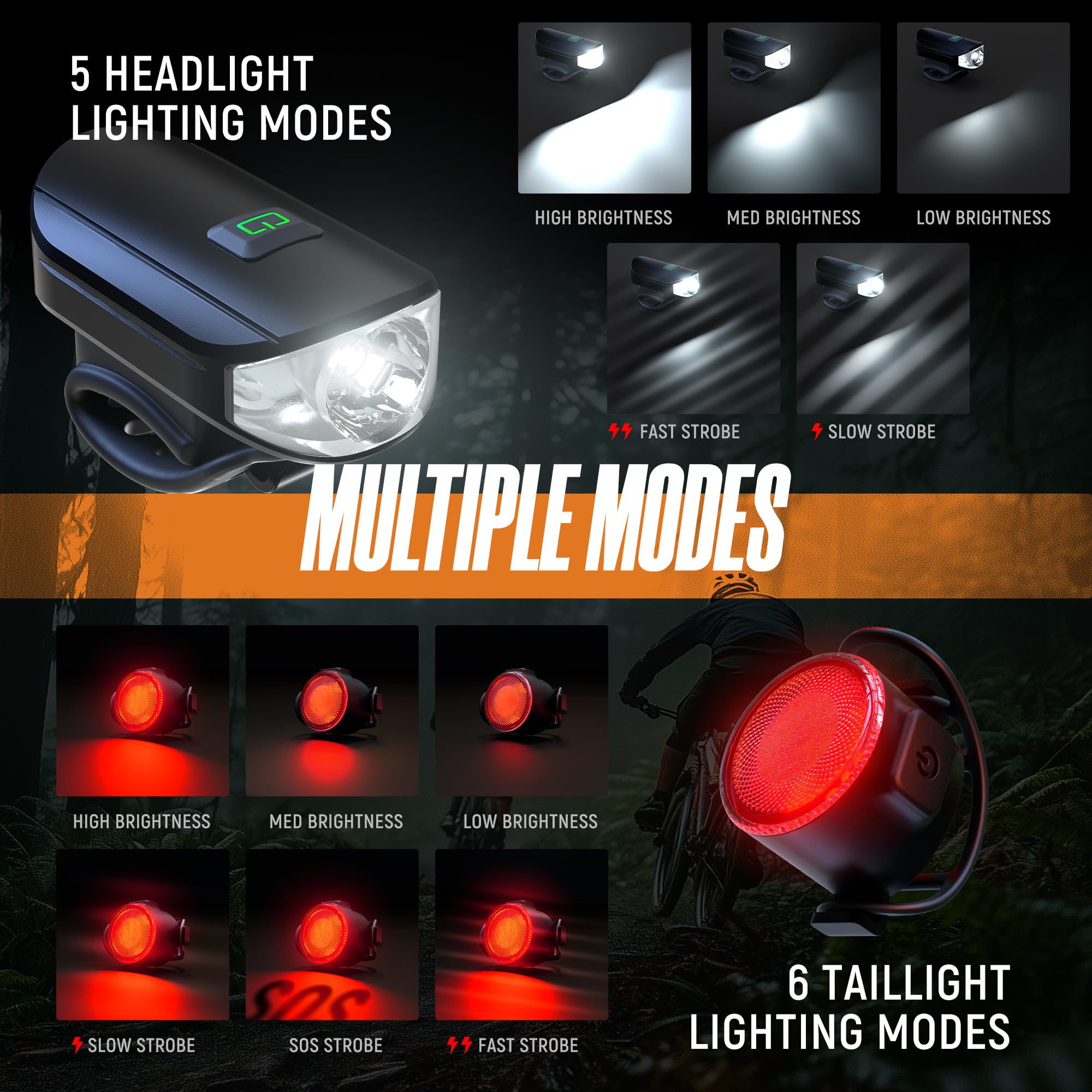 Ensemble de phares de vélo 1500 lm rechargeables par USB - Phare et feu arrière étanches - 5 modes d'éclairage - Convient aux vélos de route et de montagne