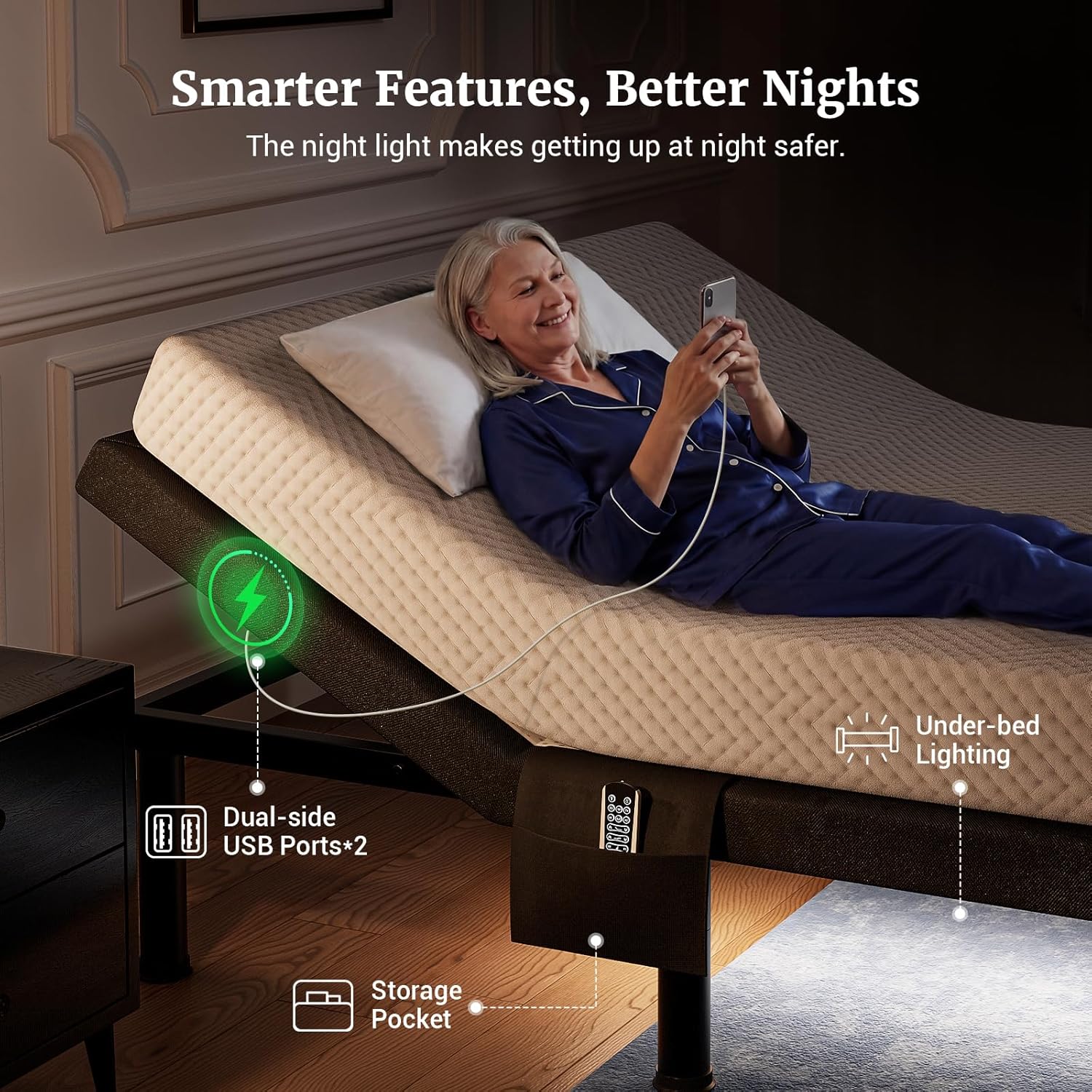 Image showing the Tami Tami T600 adjustable bed base with callouts for dual-side USB ports, under-bed lighting, and a storage pocket.