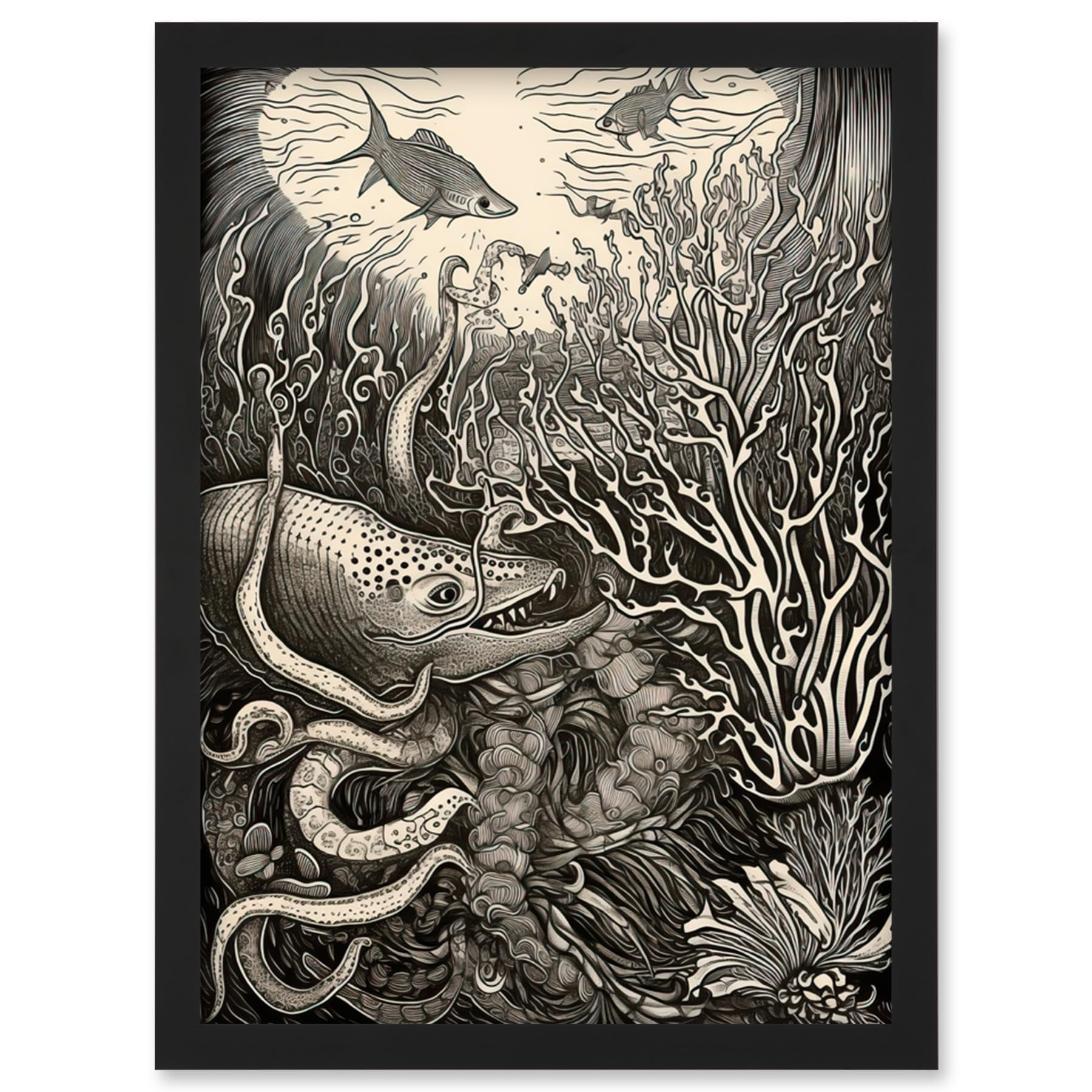 Artery8 Aquatic Animals and Plants Linocut Illustration Artwork Framed Wall Art Print A4