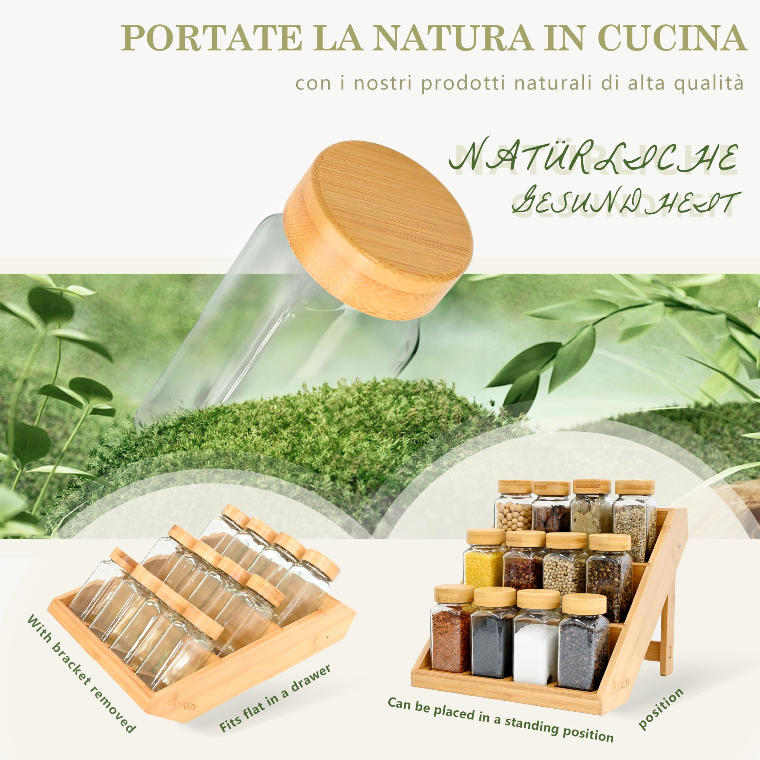 SAEIV Portaspezie 12 Barattoli Vetro Bambù a 3 Livelli, Porta Spezie per Cucina Salva Spazio, Porta Spezie per Piano e Cassetto, Portaspezie Salvaspazio con Tutti gli Accessori
