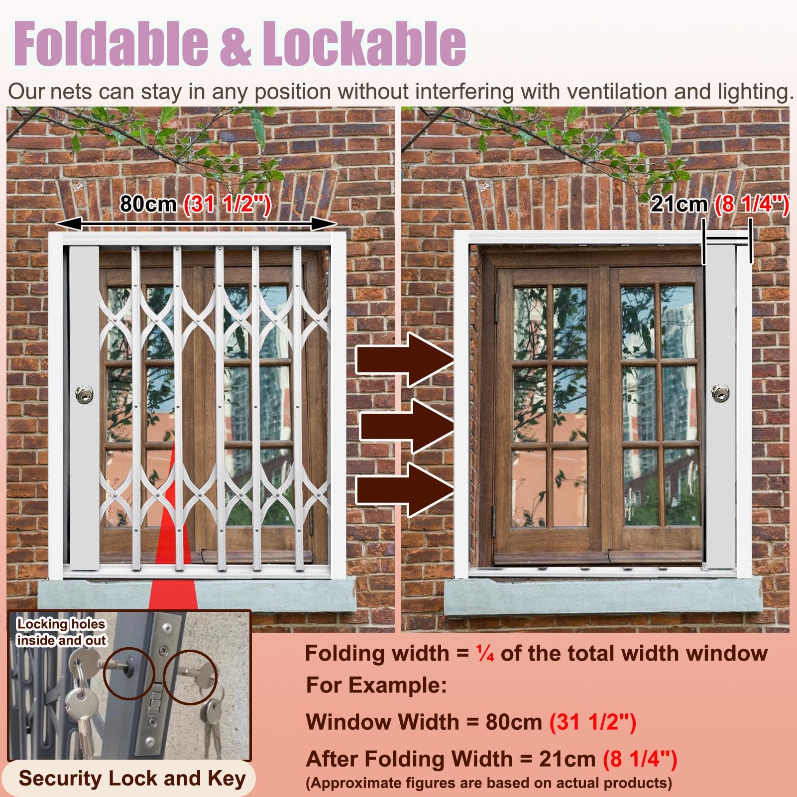 Rete per finestre pieghevole regolabile per cani e gatti-66 x 117 cm (66 x 117 cm) cancello di sicurezza, antifurto con serratura e chiavi, 66 x 117 cm