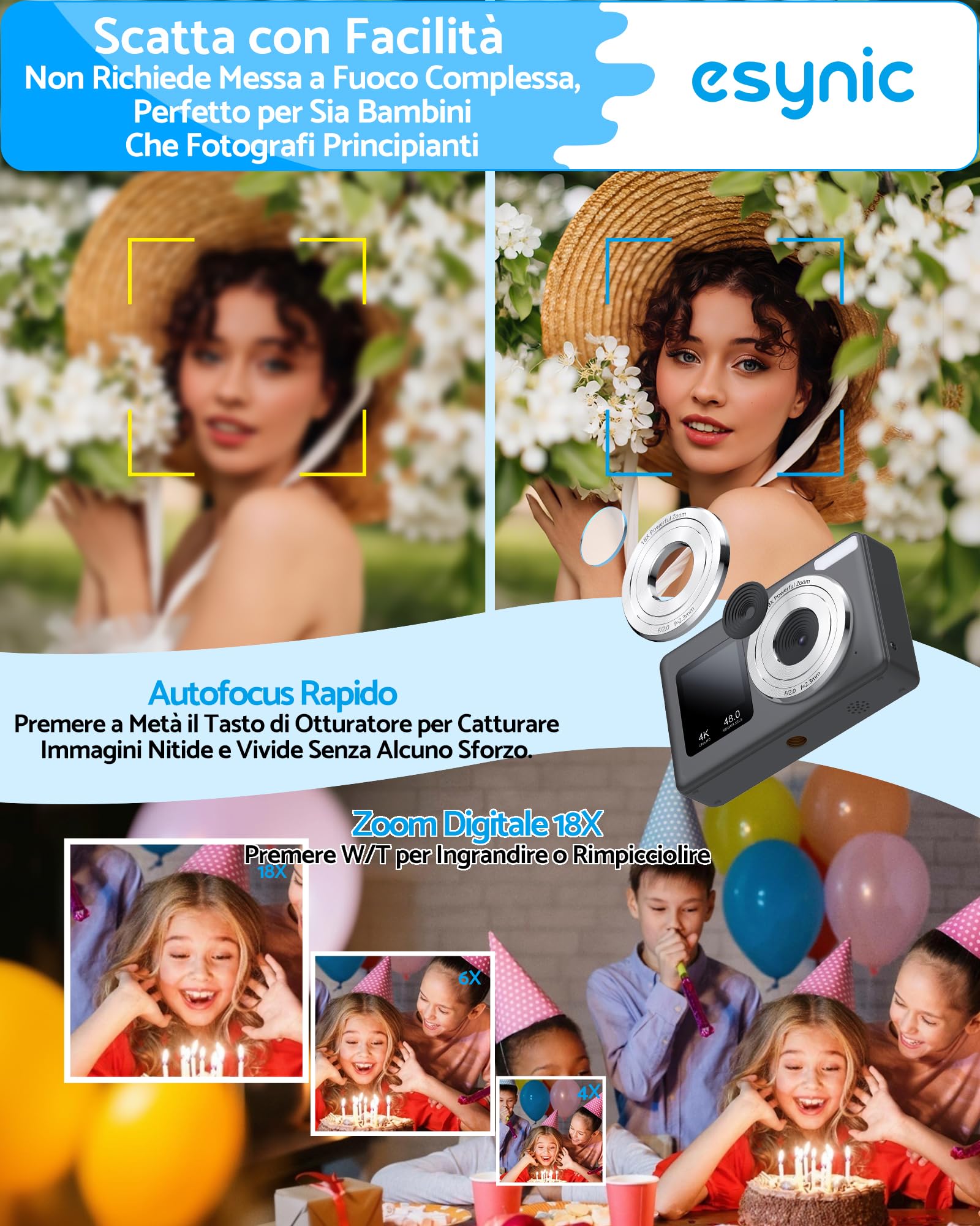 eSynic Fotocamera Digitale Compatta 4K 48MP, Doppio Schermo LCD 2.4''+1.3'' per Bambini, Zoom Digitale 18X, Luce Supplementare, Include SD 32GB, Macchina Fotografica Ricaricabile, Ideale Regalo - Nero