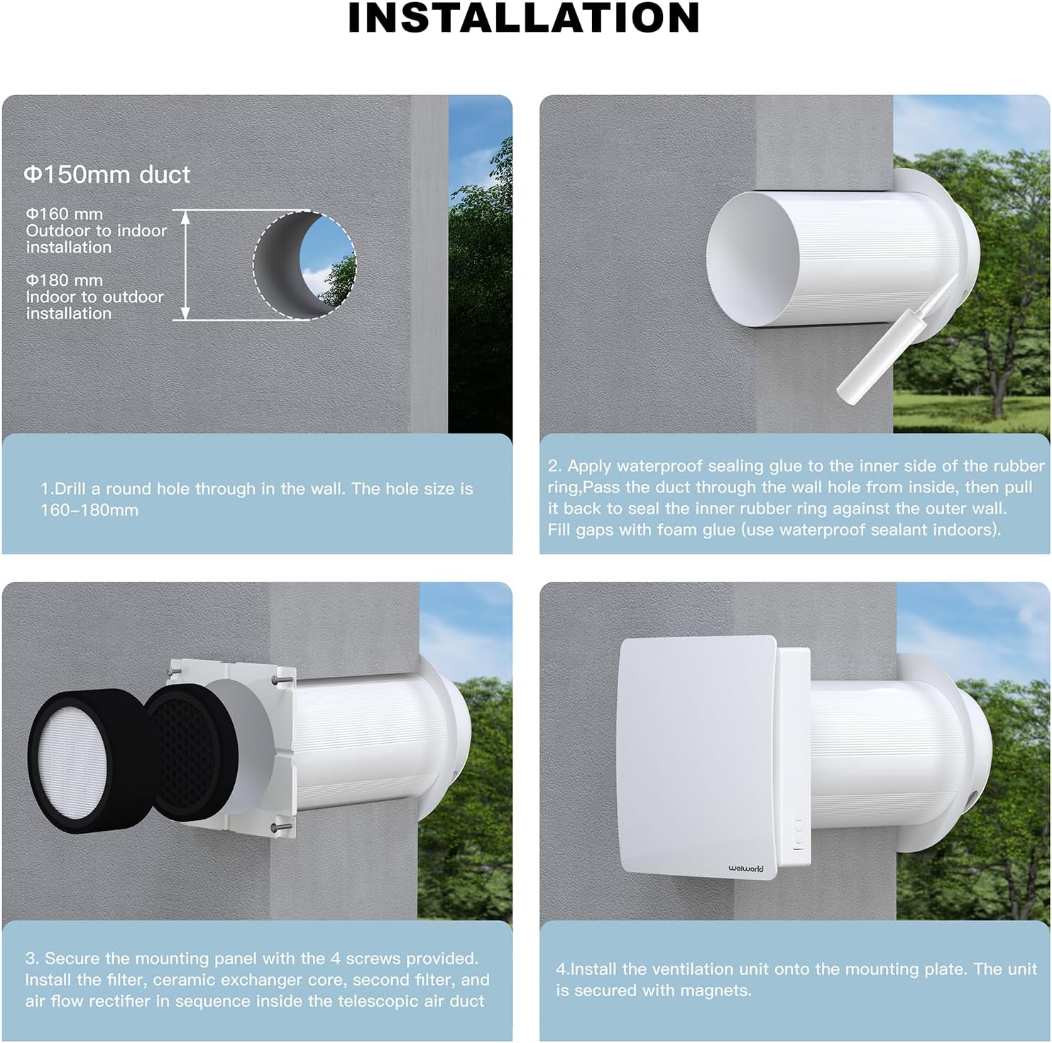 Through Wall HEPA Ventilation Fan with WiFi & Remote Control, Ultra Quiet EC Motor Wall Vent, Fresh Air Intake & Air Exchange System for Bedroom, Home Office, Attic