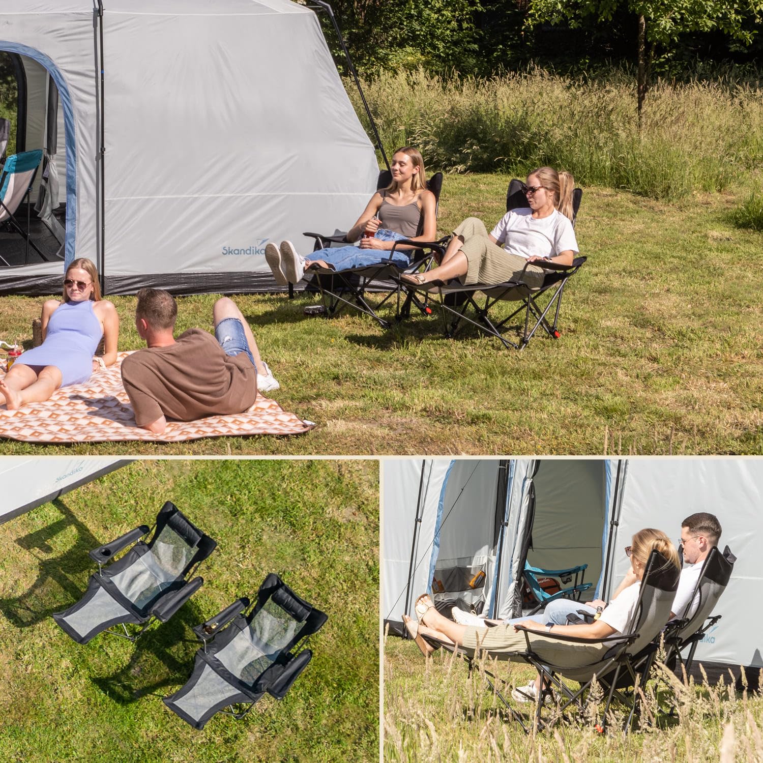 Skandika Campingstuhl mit Fußablage Toras | 2-in-1 Liegefunktion, Faltbarer Liegestuhl, verstellbare Rückenlehne, leicht, Klappstuhl mit Getränkehalter, Strandstuhl klappbar Camping Stuhl Faltstuhl
