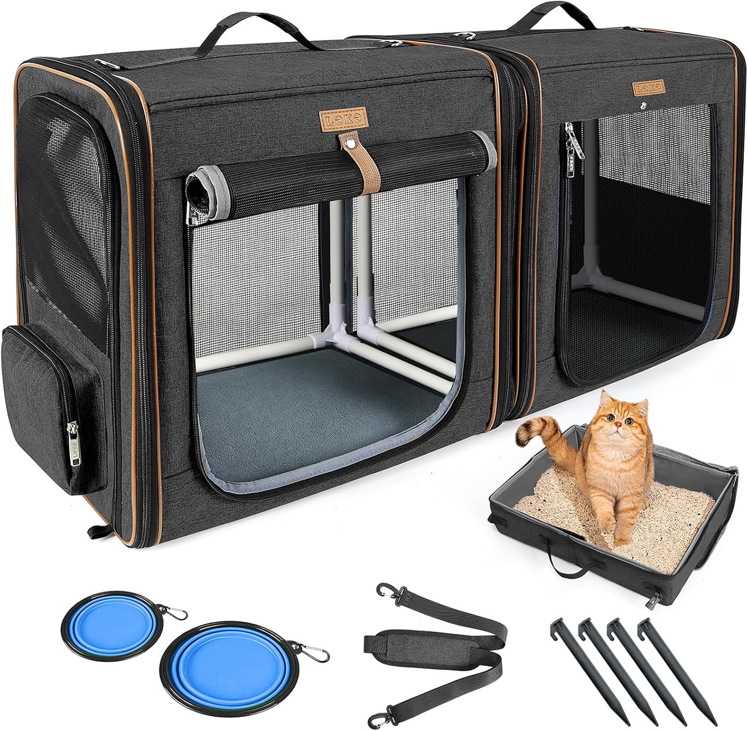 2-in-1-Hundetransportbox Katze für mittelgroße Haustiere, faltbare Katzentransportbox mit starkem Faserrahmen, Katzentoilette, 2 Näpfe, 2 Haustiermatten, groß, schwarz (XL) 2-in-1-Hundetransportbox Katze für mittelgroße Haustiere, faltbare Katzentransportbox mit starkem Faserrahmen, Katzentoilette, 2 Näpfe, 2 Haustiermatten, groß, schwarz (XL)