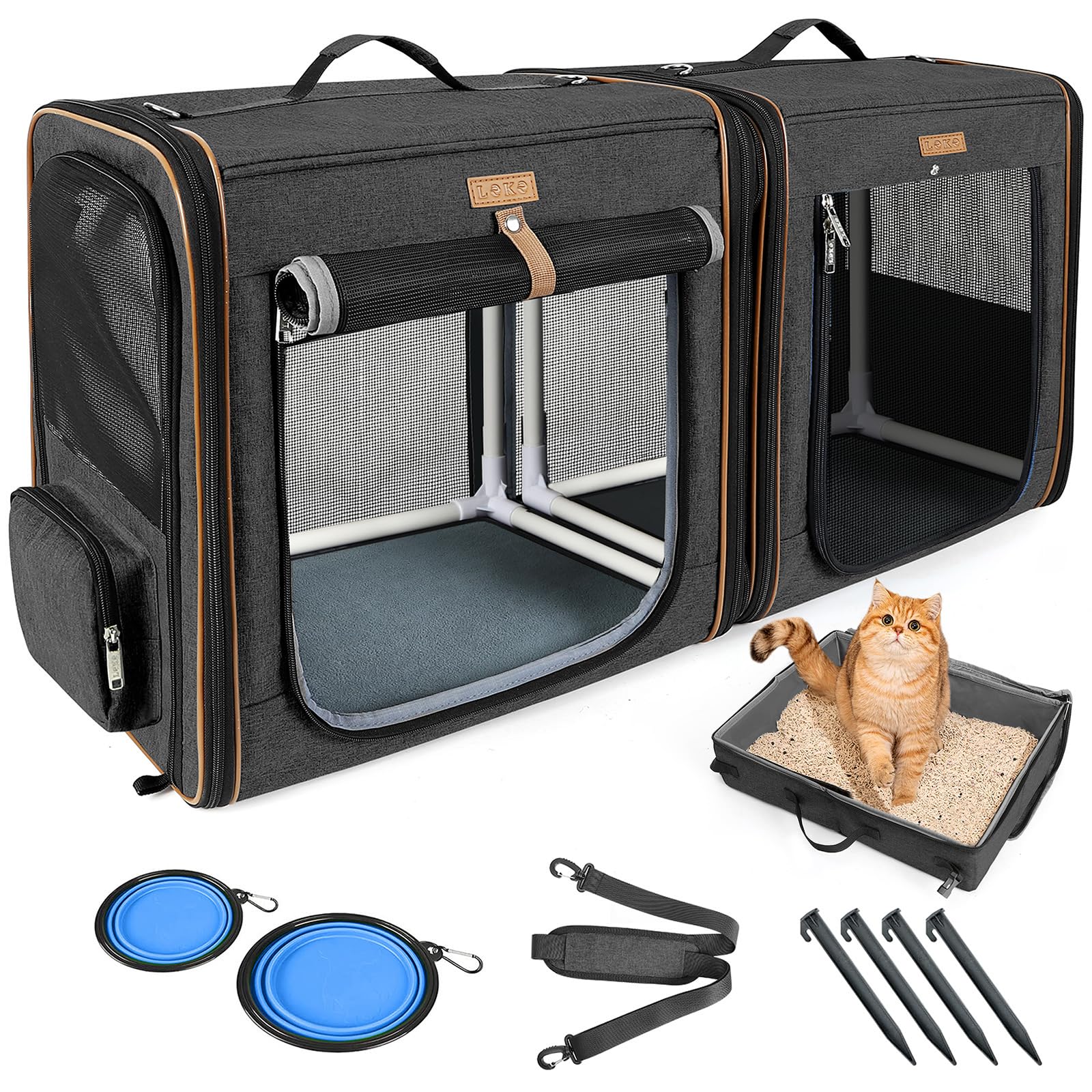 Lekeinchi Caja de transporte para perros 2 en 1, para mascotas medianas, caja de transporte plegable para gatos con marco de fibra fuerte, caja de arena para gatos, 2 cuencos, 2 alfombrillas para