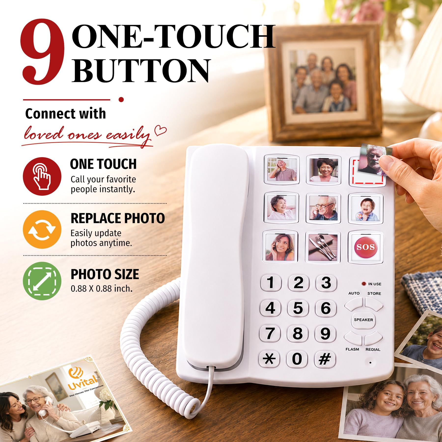 Uvital Teléfonos fijos con cable para ancianos, teléfono de botón grande para el hogar/hotel/oficina, teléfono de escritorio con marcación rápida de un solo toque, manos libres, control de volumen y