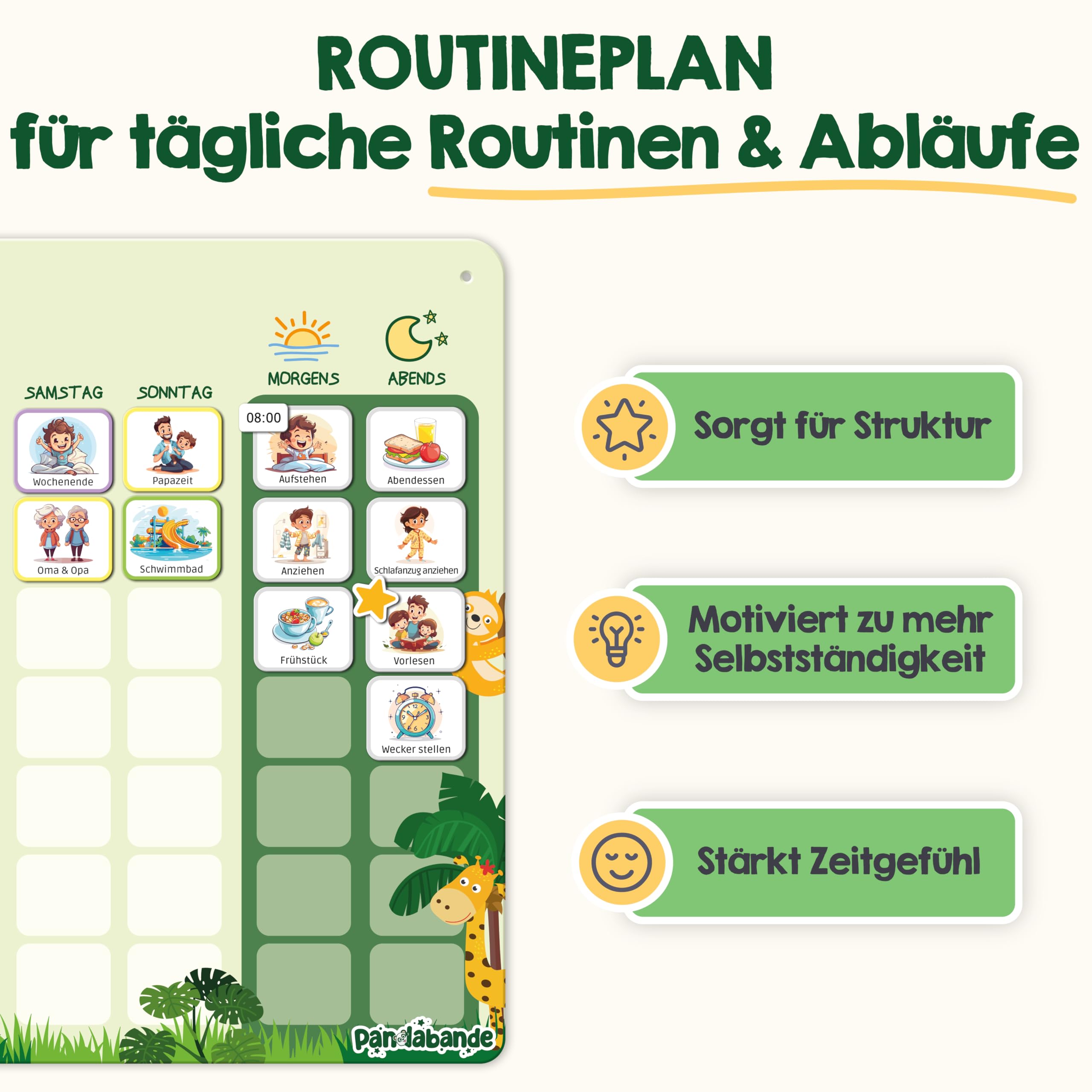 PANDABANDE 2-in-1 Routine & Wochenplaner Kinder mit 200 Magneten & Sortierbox | Montessori Routine Planer Kinder für mehr Selbstständigkeit - Magnetischer Wochenplan mit Morgenroutine & Abendroutine