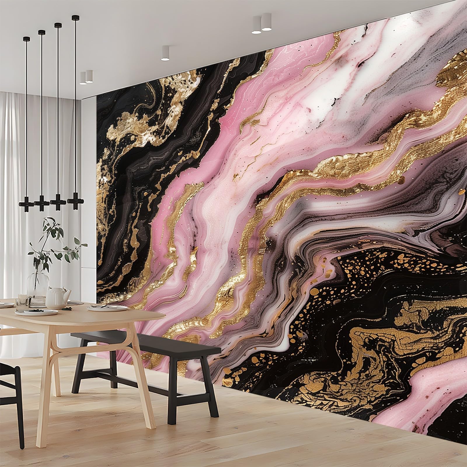 Papel pintado fotográfico de mármol rosa negro 350 x 256 cm, arte Prin no tejido, respetuoso con el medio ambiente, póster fotográfico para comedor, cocina, decoración del hogar