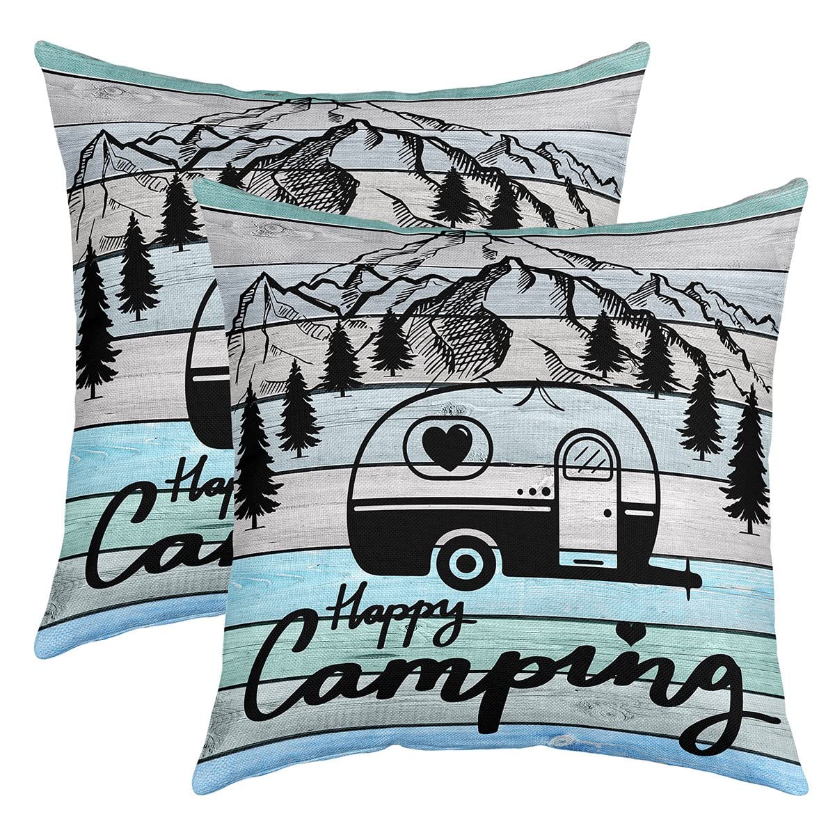 Loussiesd Camper Kissenbezug Kissenhülle Happy Camping Kissenbezüge 45x45cm 2er Set Kissenbezüge Weich Dekor RV Camping Sofakissen Couchkissen Cartoon Camping Auto Holz Korn Blau Dekokissens