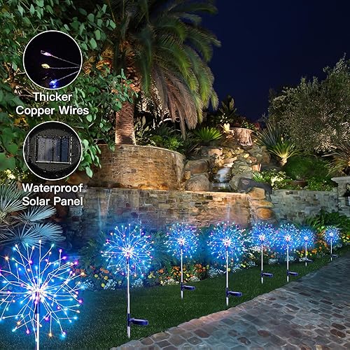 Miniatura 5 de suddus Luces solares de jardín para exteriores, impermeables, decorativas, paquete de 2 unidades, 150 luces LED de fuegos artificiales, 8 modos, luz