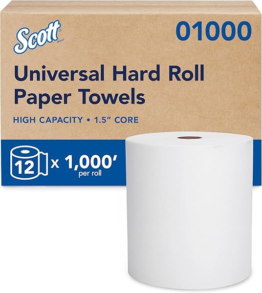 Scott Professional Essential Universal High-Capacity Hard Roll Paper Towels, Bulk (01000), Hardwound 1.5" Core, Absorbency Pockets, White (12 Rolls at 1,000' Each, 12,000'/Case)