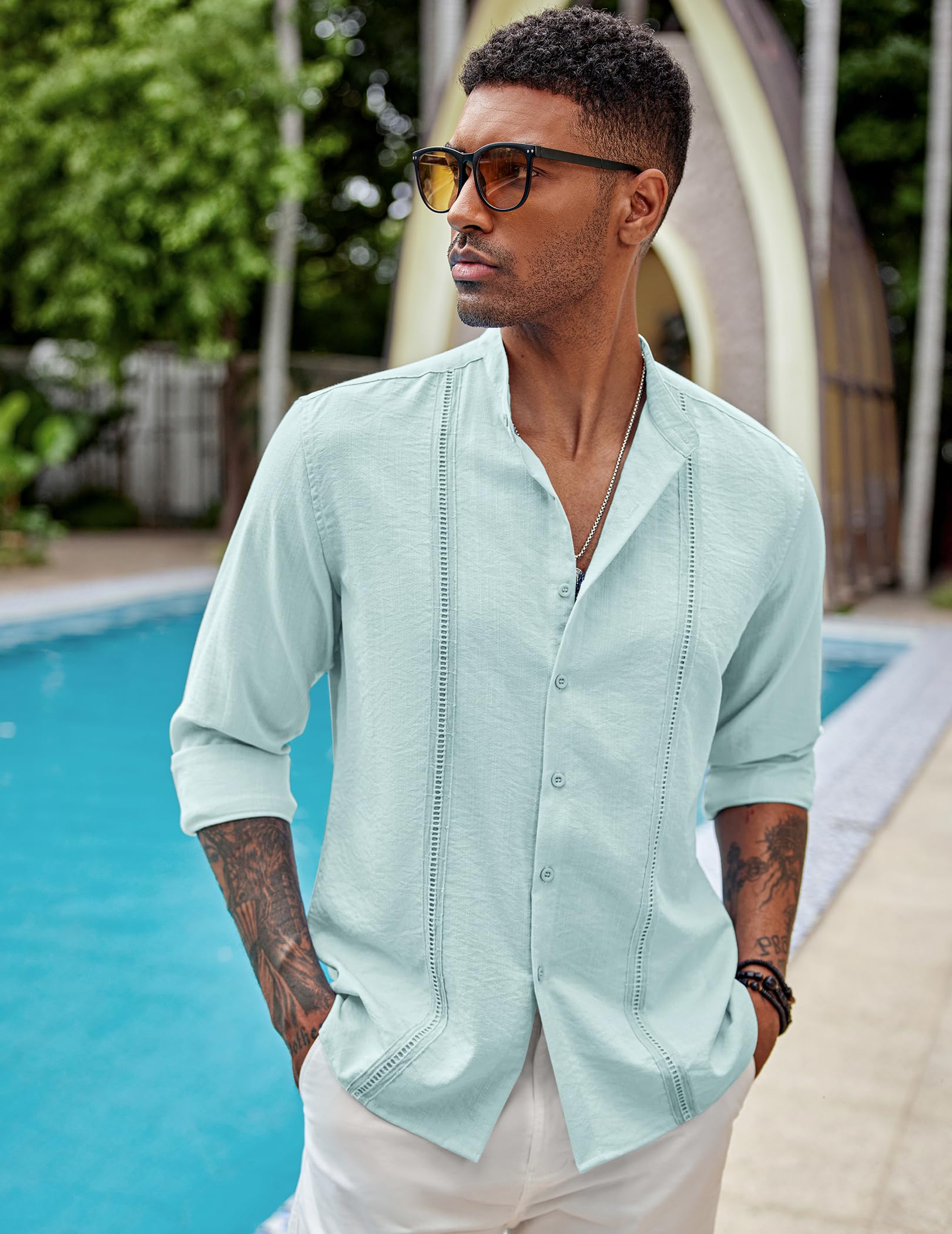 Coofandy Camicie da Uomo Cubana Guayabera Casual a Maniche Lunghe con Bottoni Camicie con Colletto a Fascia Camicie estive da Spiaggia in Lino