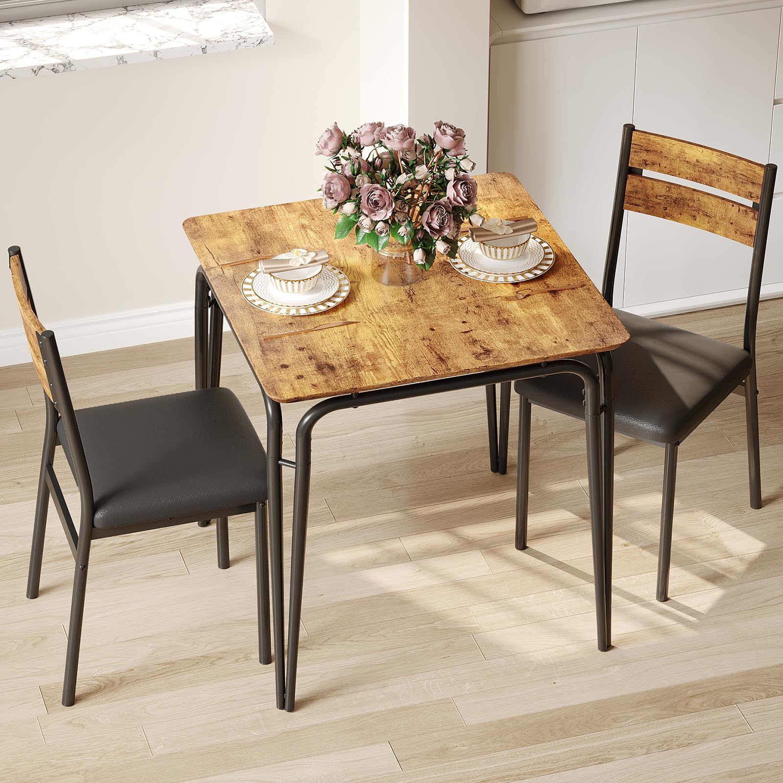 Juego de 2 mesas pequeñas y sillas, juego de comedor cuadrado para 2, juego de mesa de comedor, juego de cocina y comedor de 3 piezas para espacios pequeños