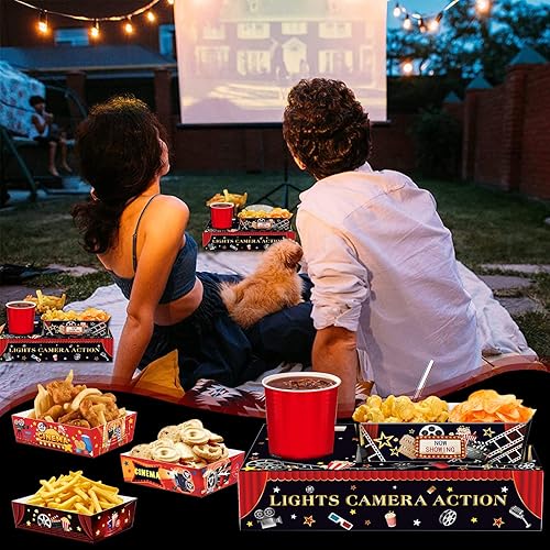 Miniatura 6 de 48 unidades de suministros para fiestas nocturnas de películas, bandejas de aperitivos con bandejas de papel para alimentos, bandejas desechables