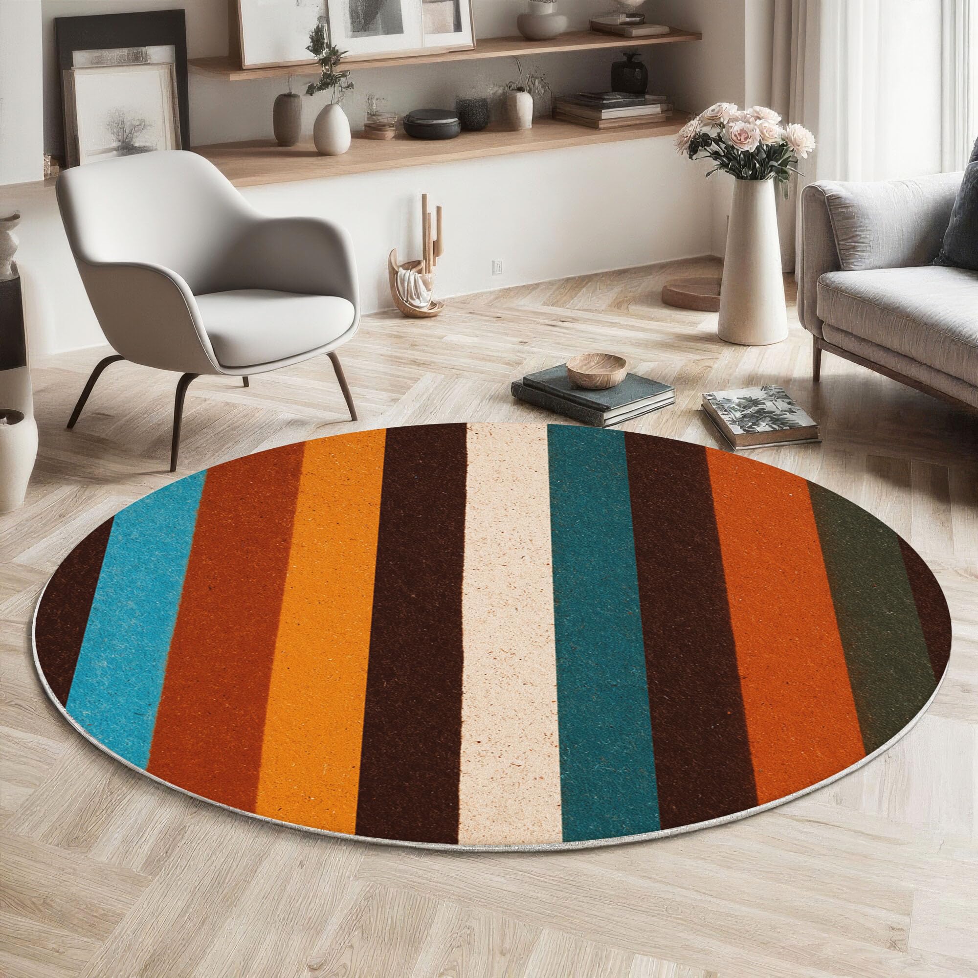 Tapis Rond De Chambre 120 Cm - Patchwork Rayé Rétro Terracotta - Motif Géométrie Simple - Moelleux Et Antidérapant - Tapis De Salon À Poils Courts - Lavable - Moderne Et Doux